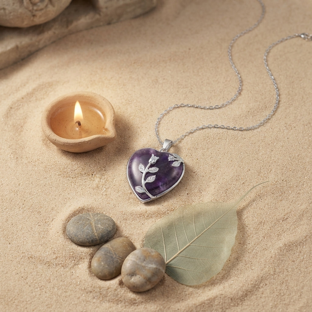 Natural Crystal Heart Pendant Necklace