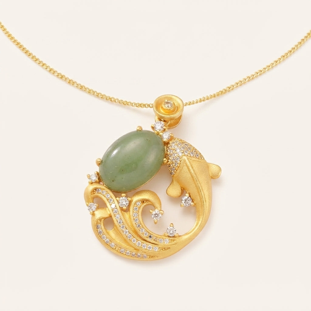 Natural Cyan Jade Koi Fish Pendant Necklace