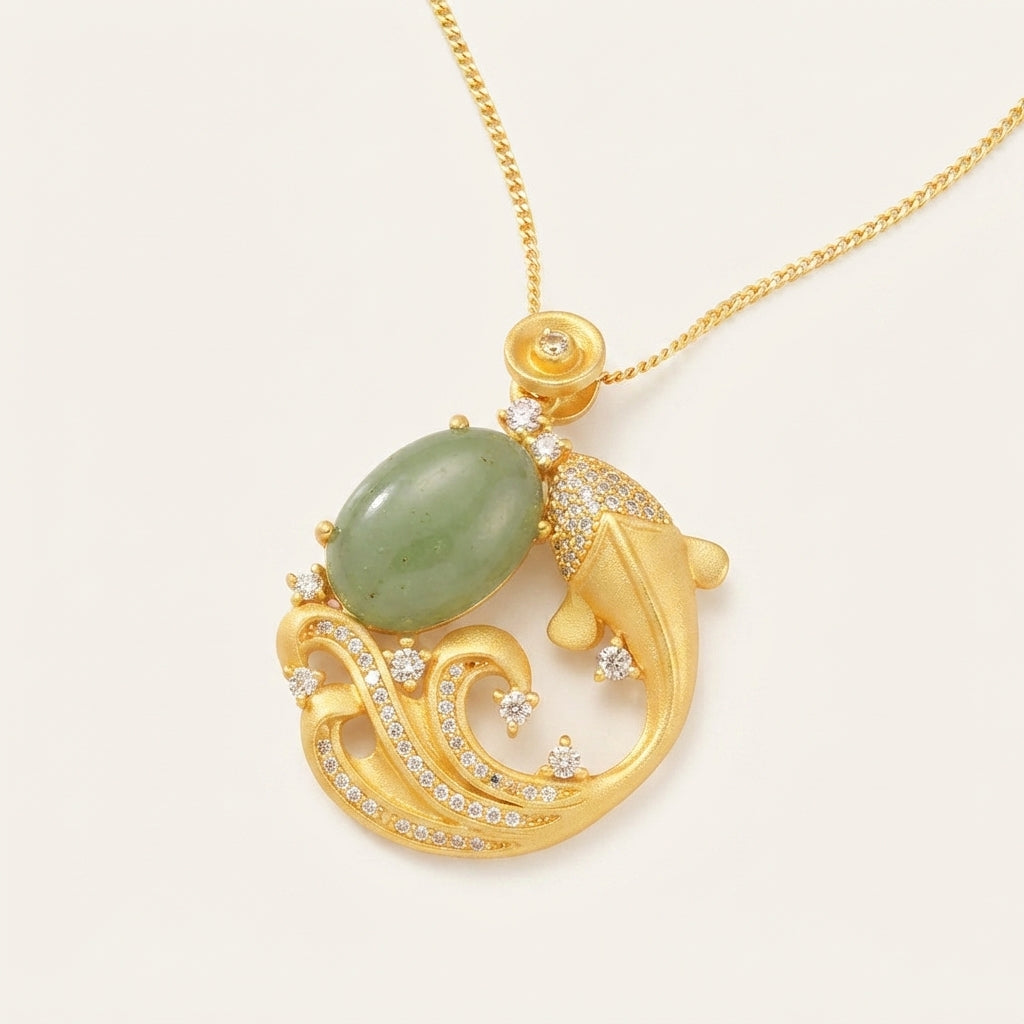 Natural Cyan Jade Koi Fish Pendant Necklace