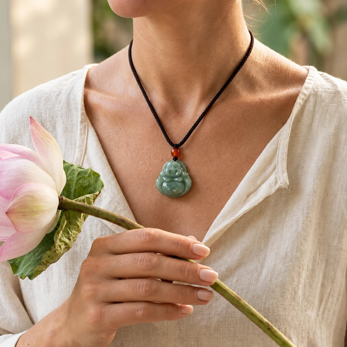 Natural Cyan Jade Laughing Buddha Pendant Necklace