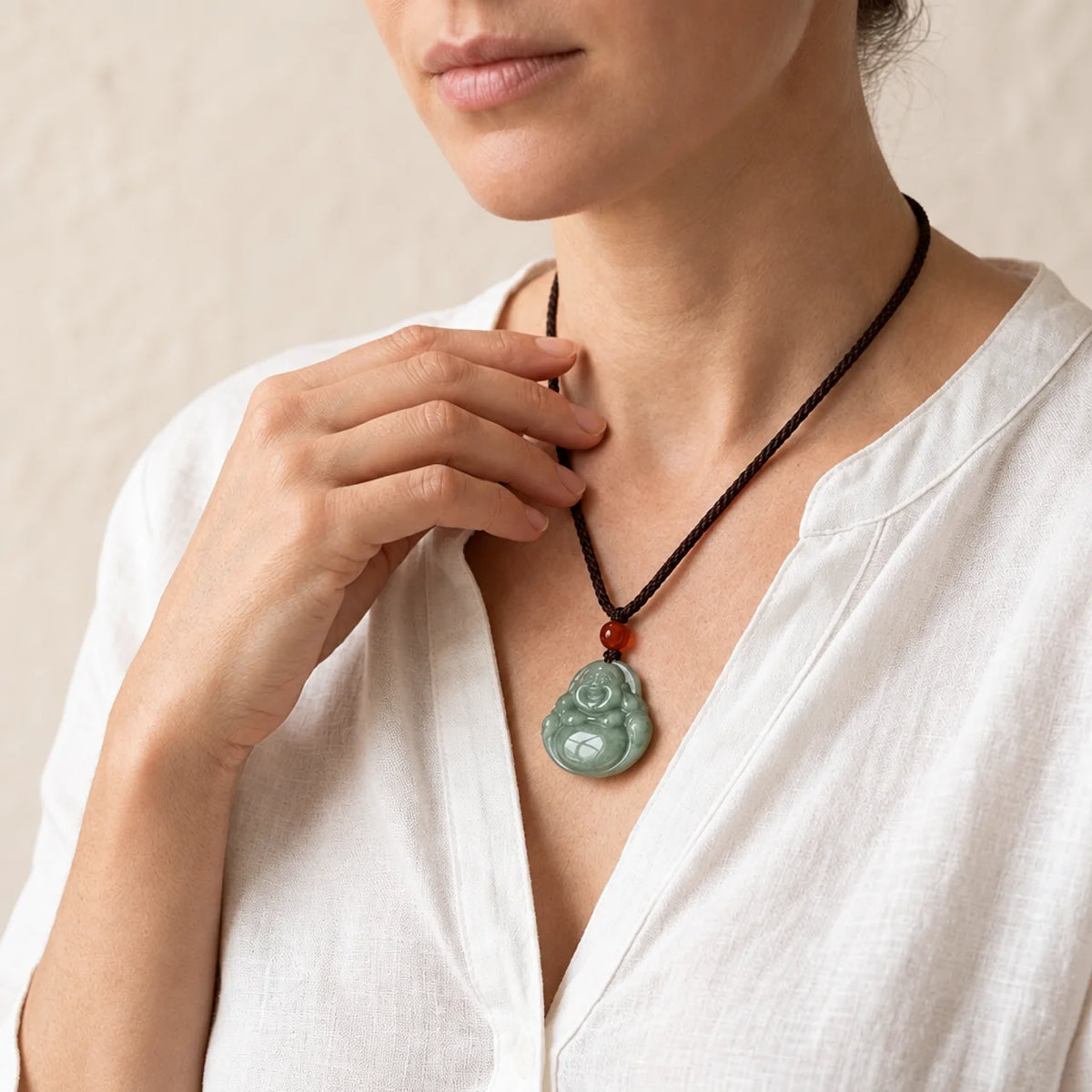 Natural Cyan Jade Laughing Buddha Pendant Necklace
