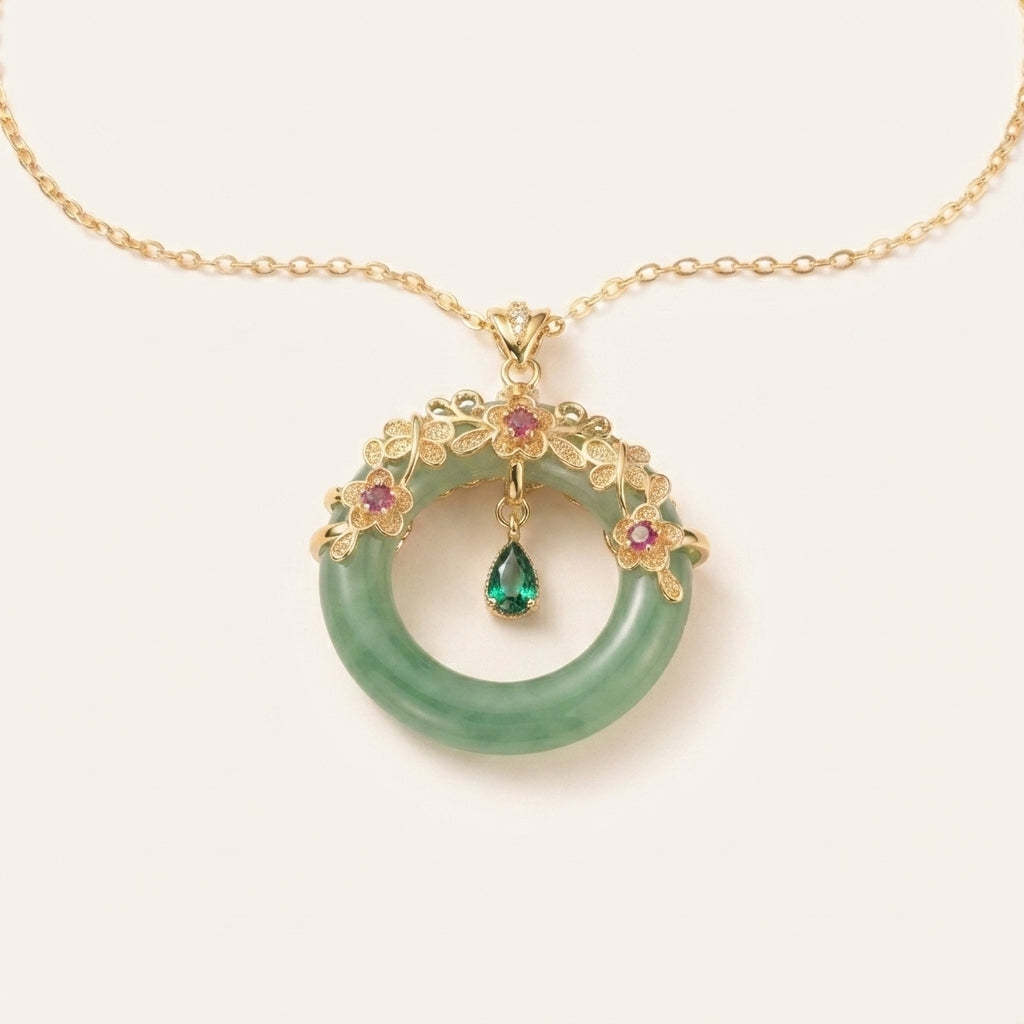 Natural Cyan Jade Round Pendant Necklace