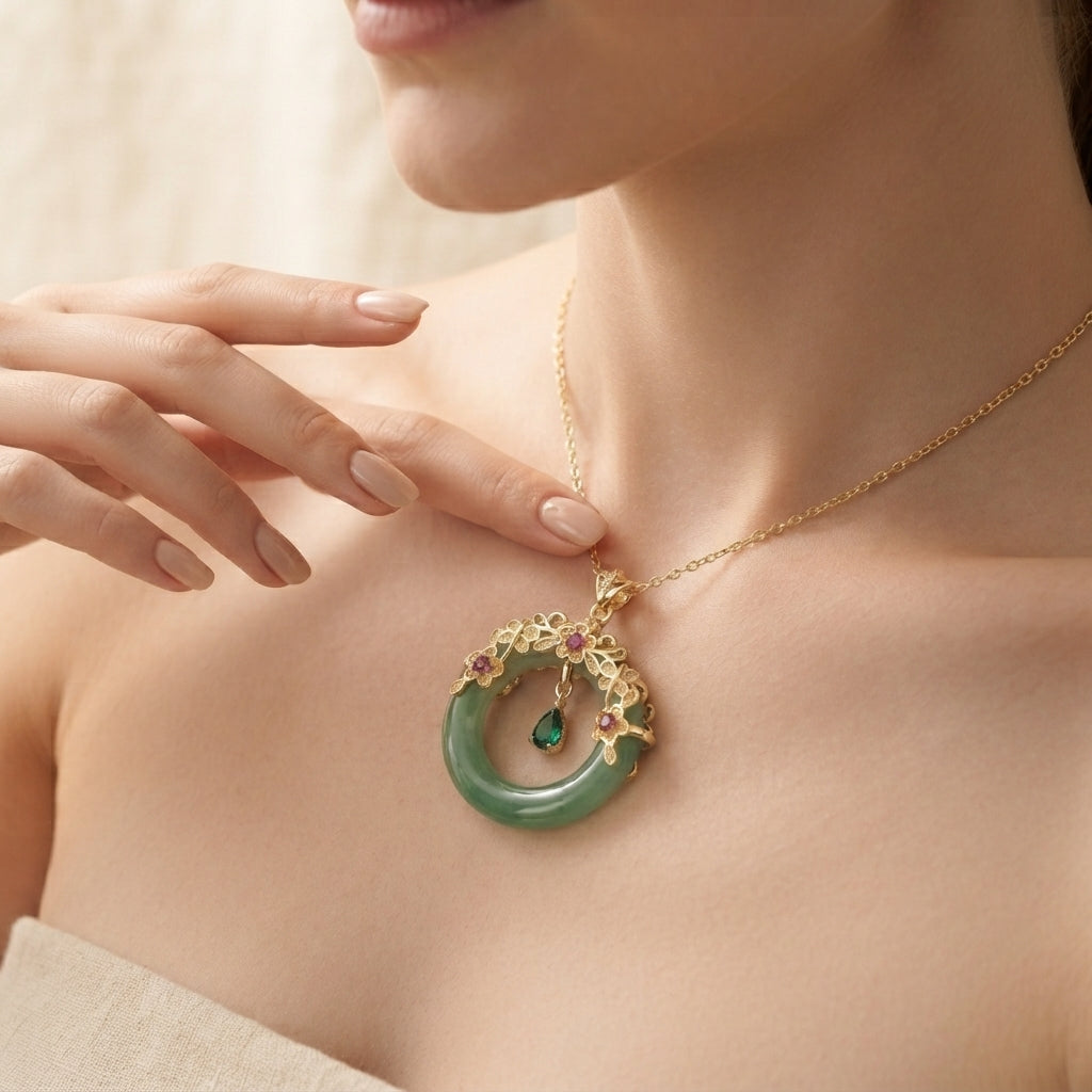 Natural Cyan Jade Round Pendant Necklace