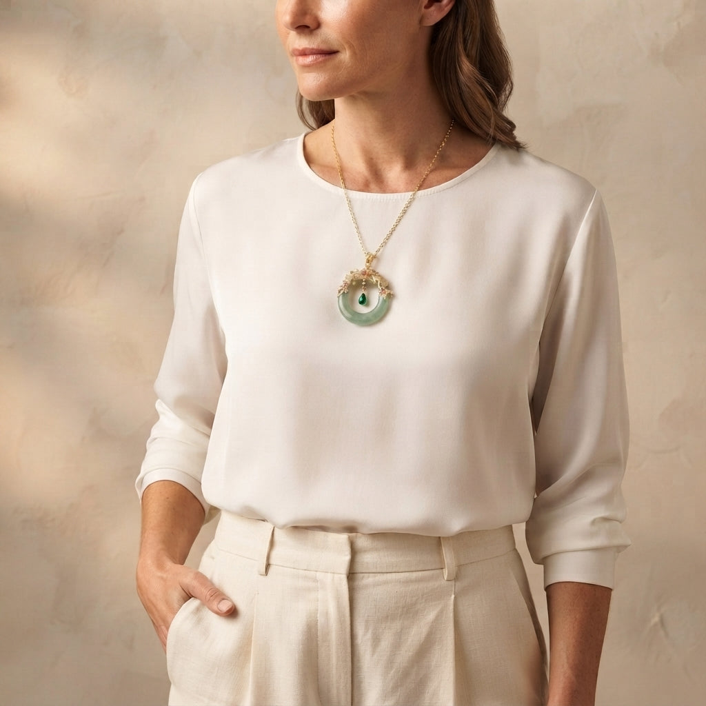 Natural Cyan Jade Round Pendant Necklace