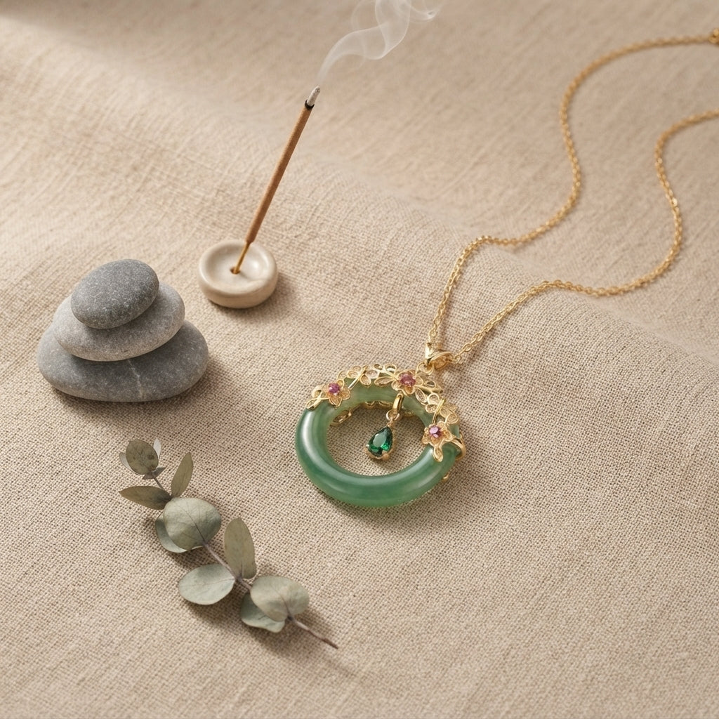 Natural Cyan Jade Round Pendant Necklace