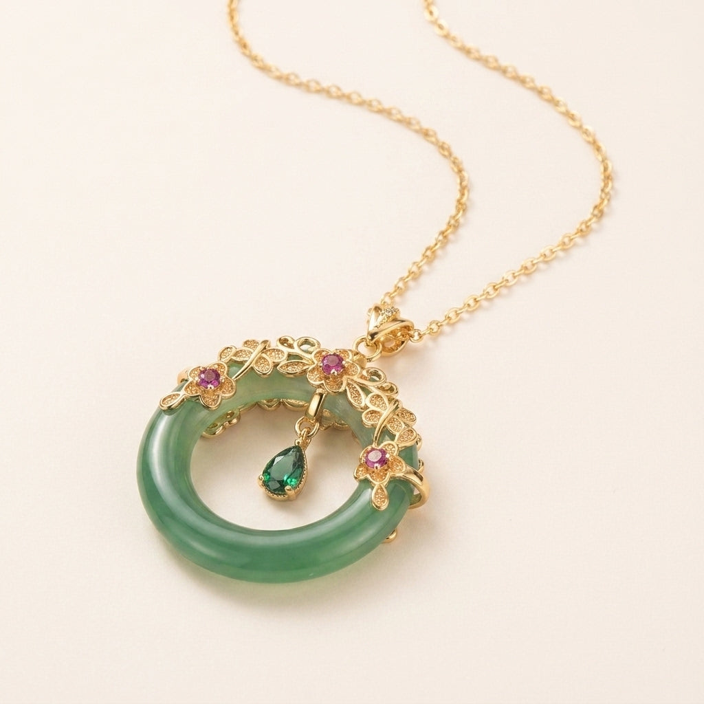 Natural Cyan Jade Round Pendant Necklace