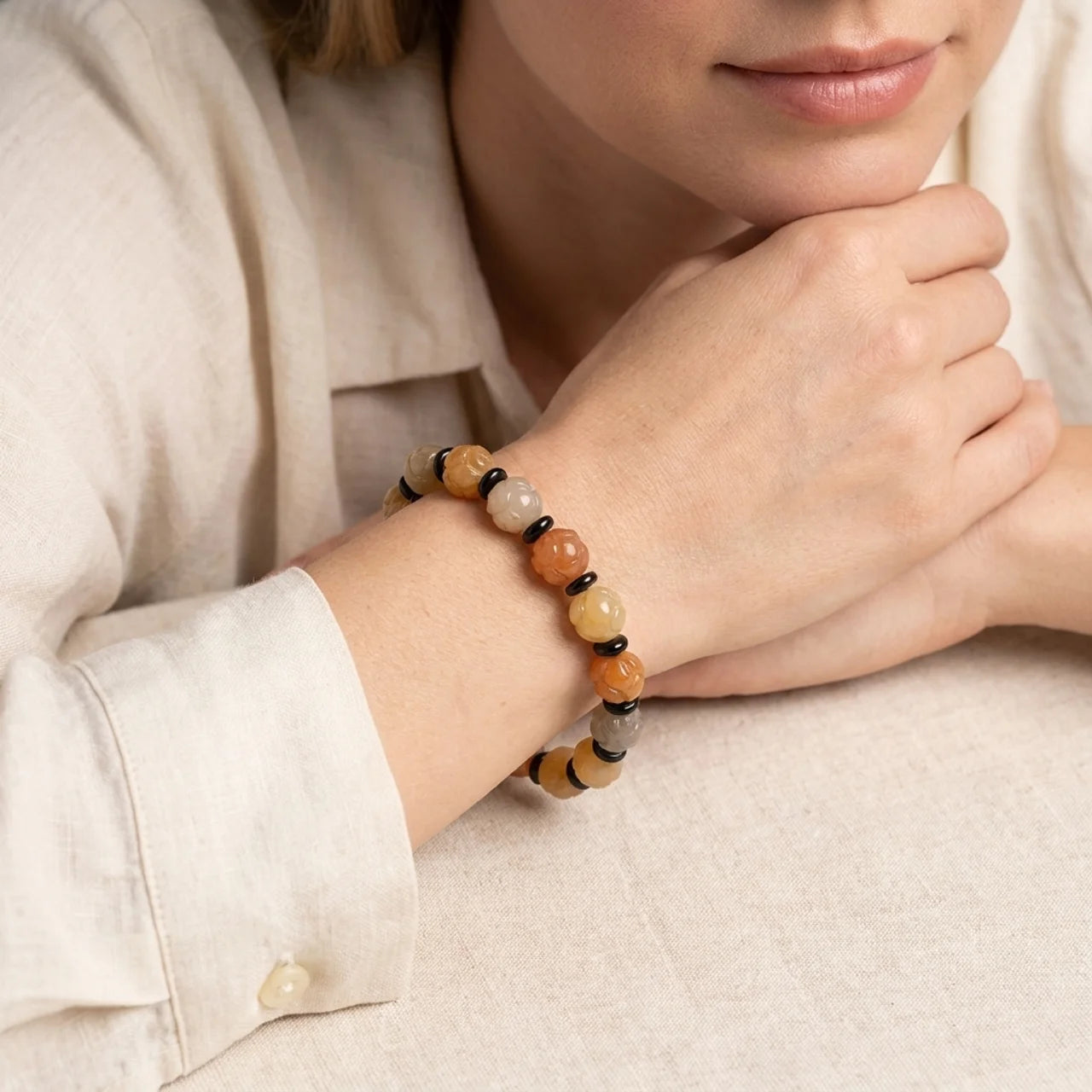Natural Golden Silk Jade Lotus Bracelet