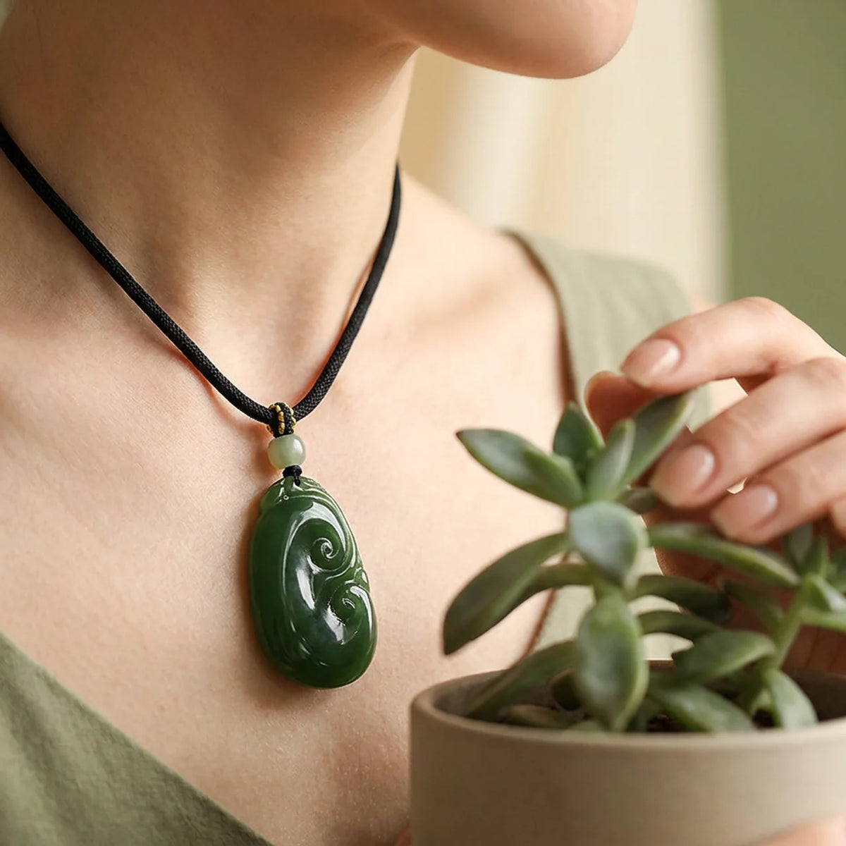 Natural Green Jade Cloud Pendant Necklace