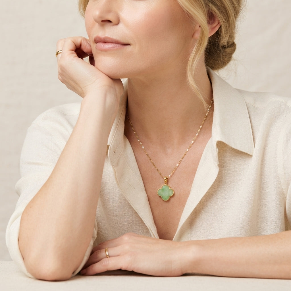 Natural Green Jade Clover Pendant Necklace
