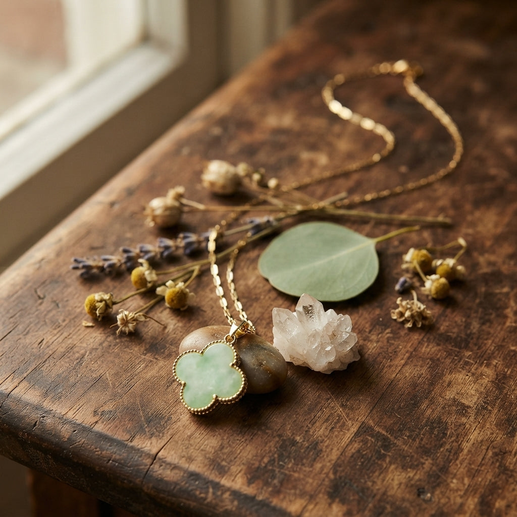 Natural Green Jade Clover Pendant Necklace