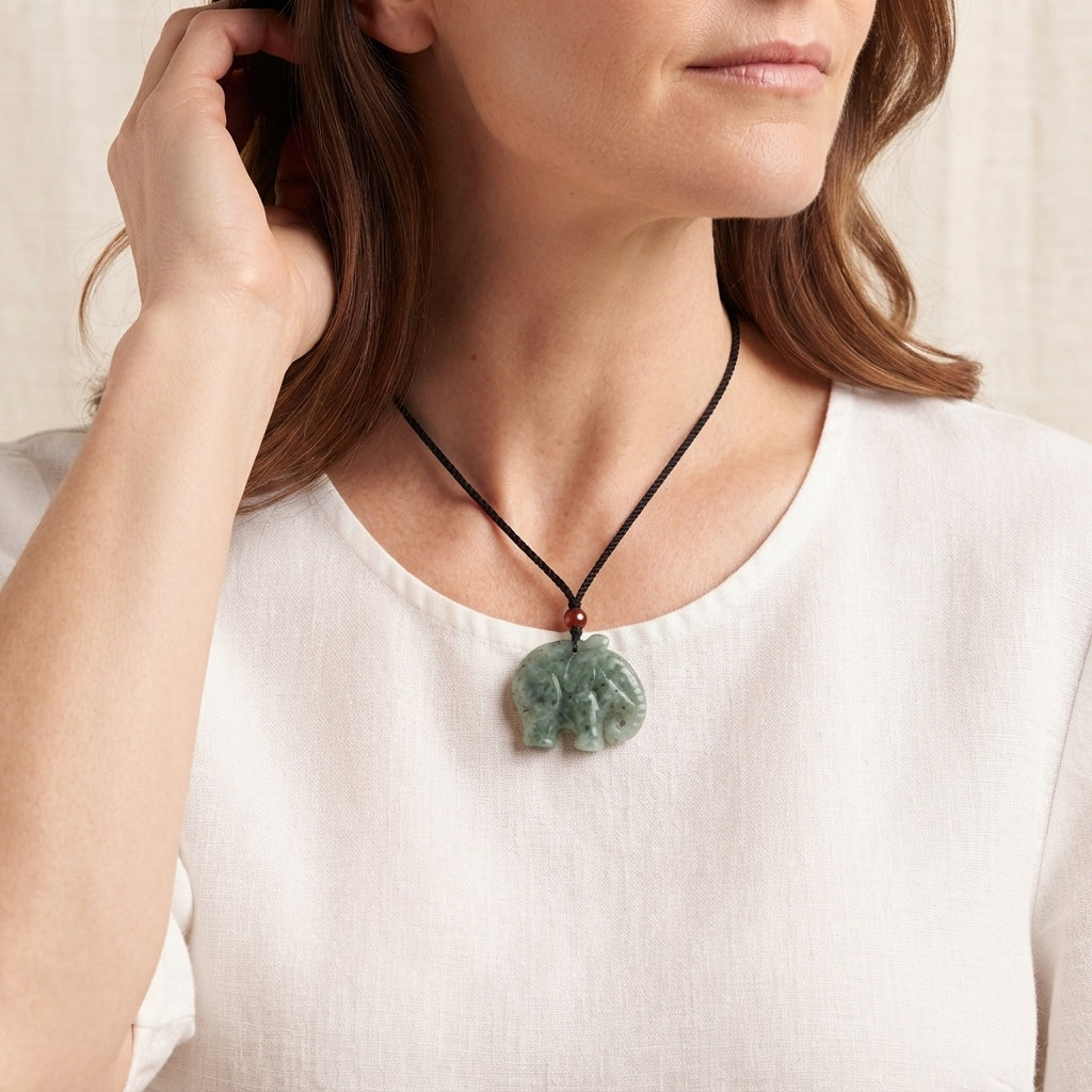 Natural Green Jade Elephant Pendant Necklace
