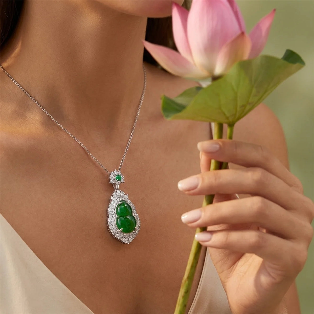 Natural Green Jade Gourd Pendant Necklace