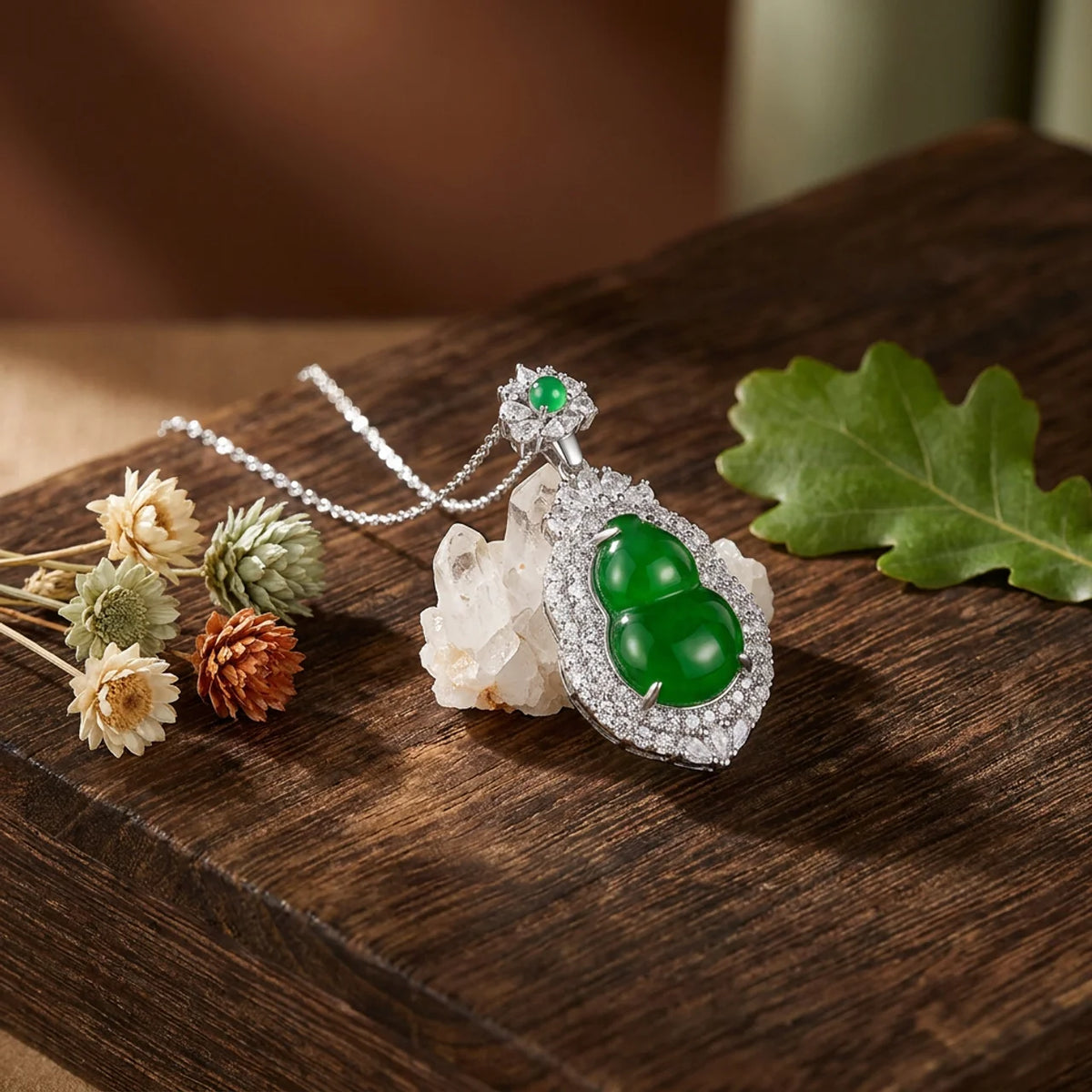 Natural Green Jade Gourd Pendant Necklace