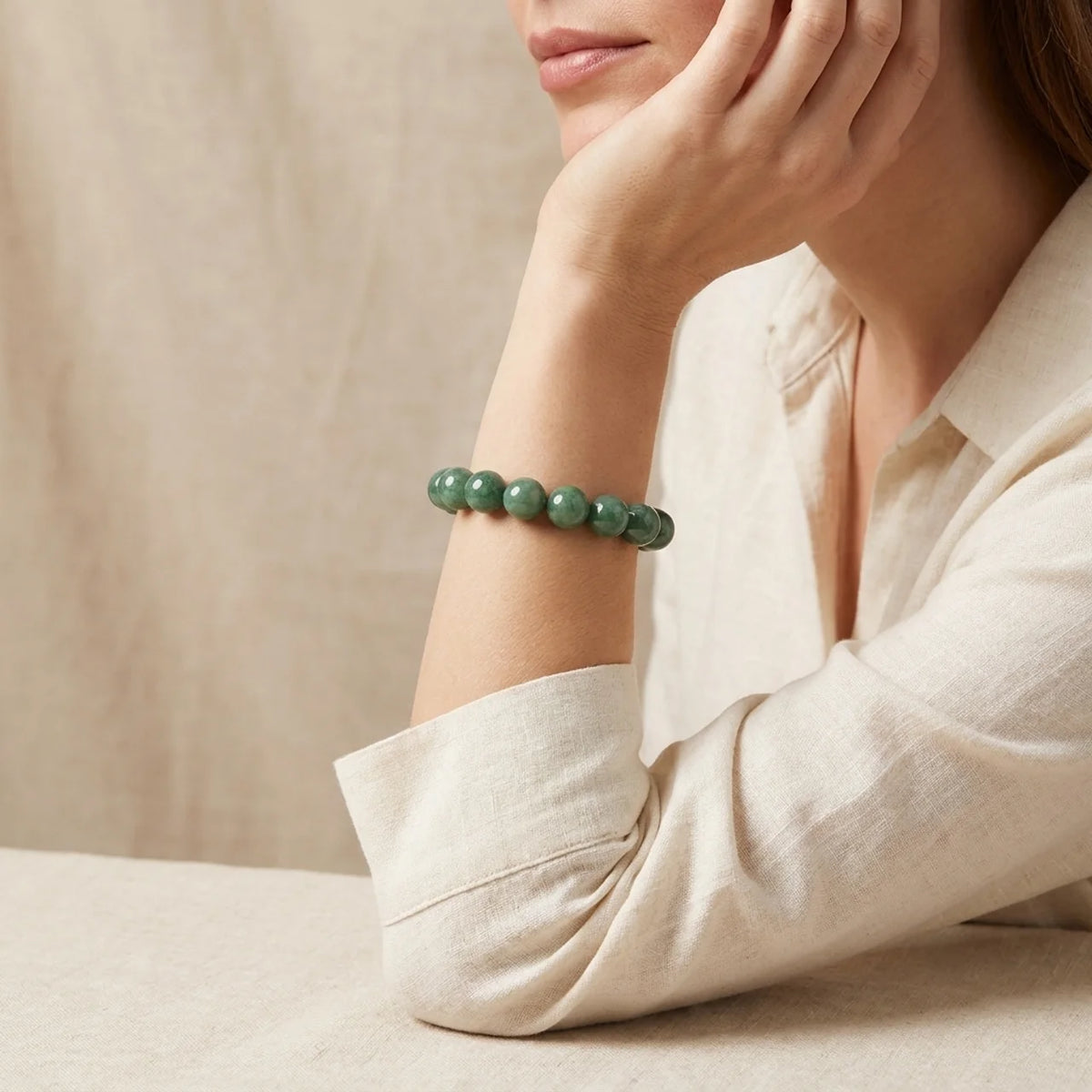 Natural Green Jade Round Bead Bracelet