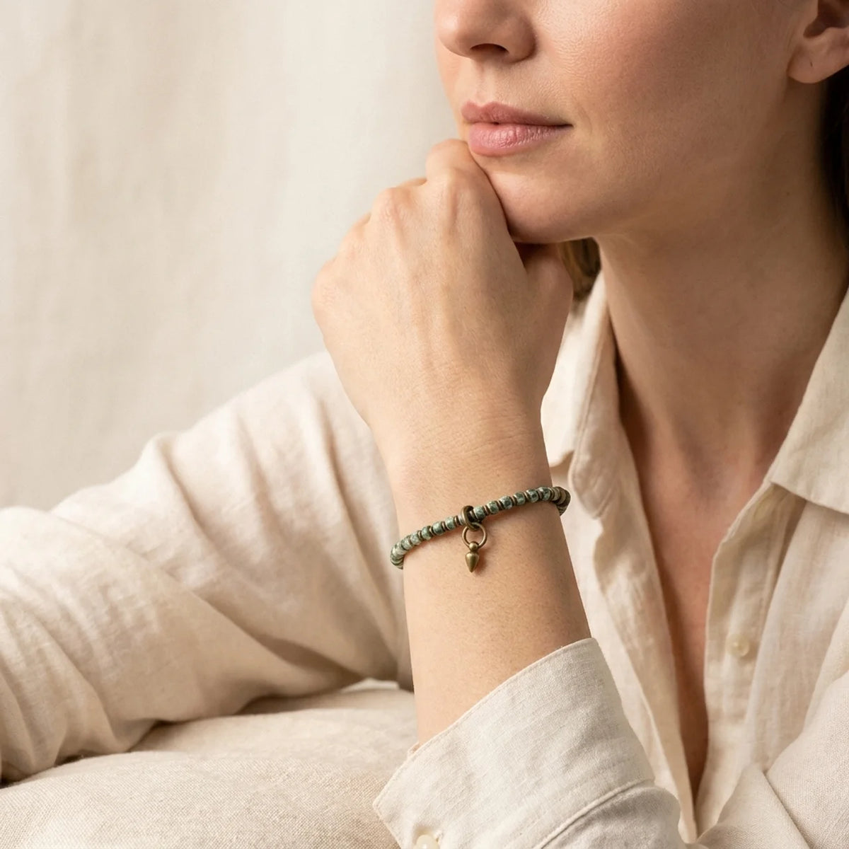Natural Green Stone Charm Beaded Bracelet
