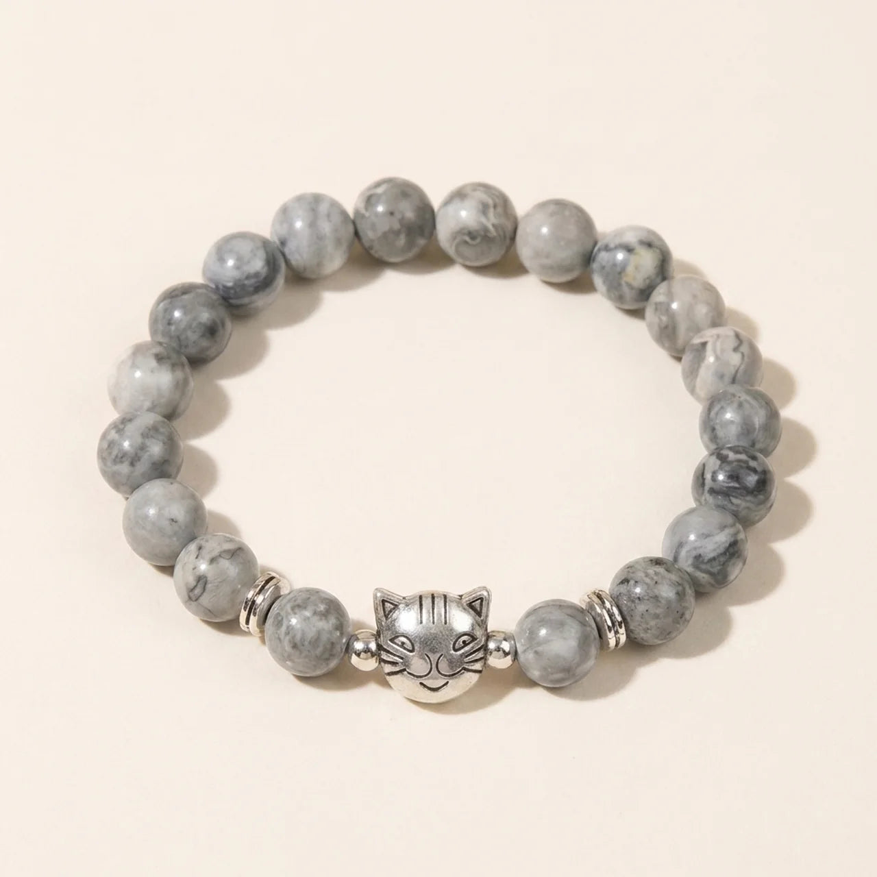 Natural Grey Jasper Cat Bead Bracelet