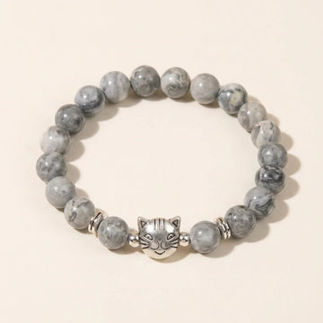Natural Grey Jasper Cat Bead Bracelet