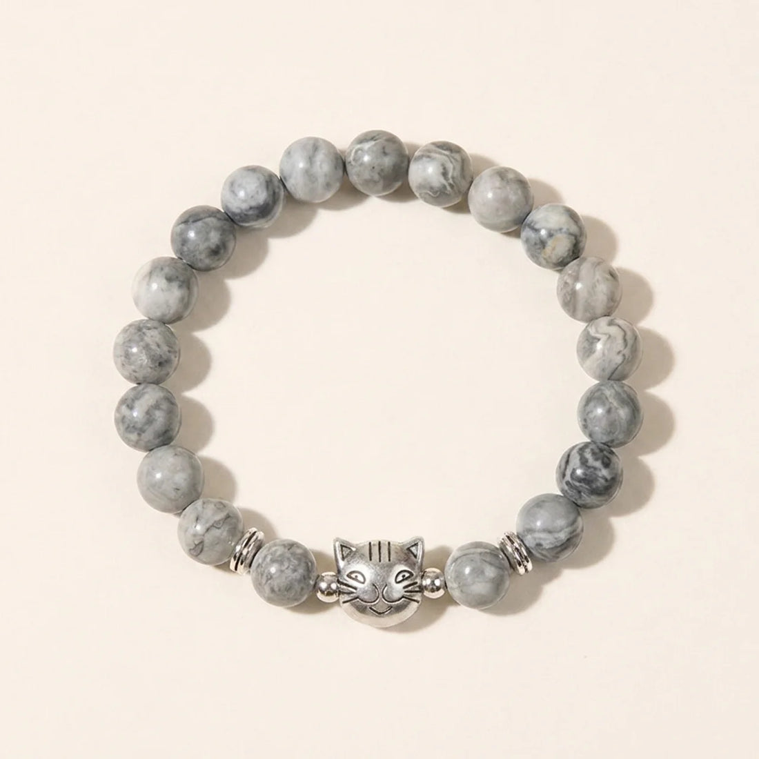 Natural Grey Jasper Cat Bead Bracelet