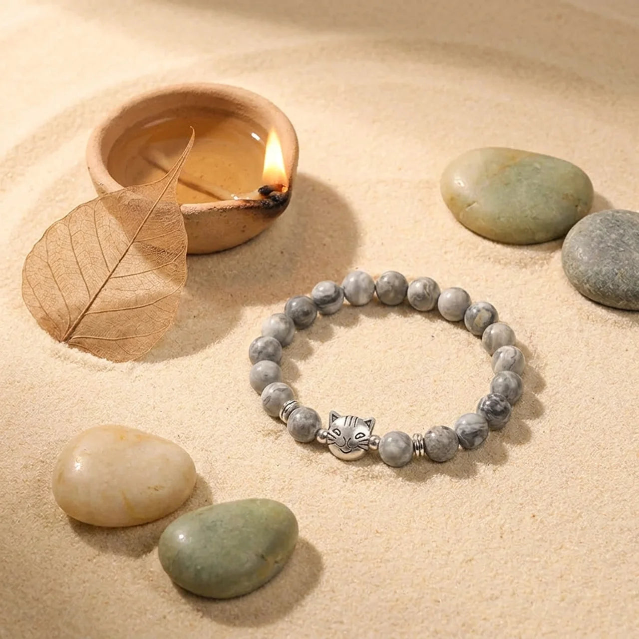 Natural Grey Jasper Cat Bead Bracelet