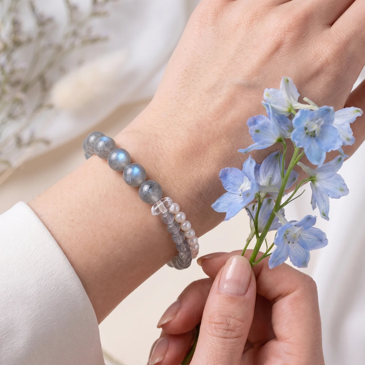 Natural Grey Moonstone Pearl Beaded Bracelet