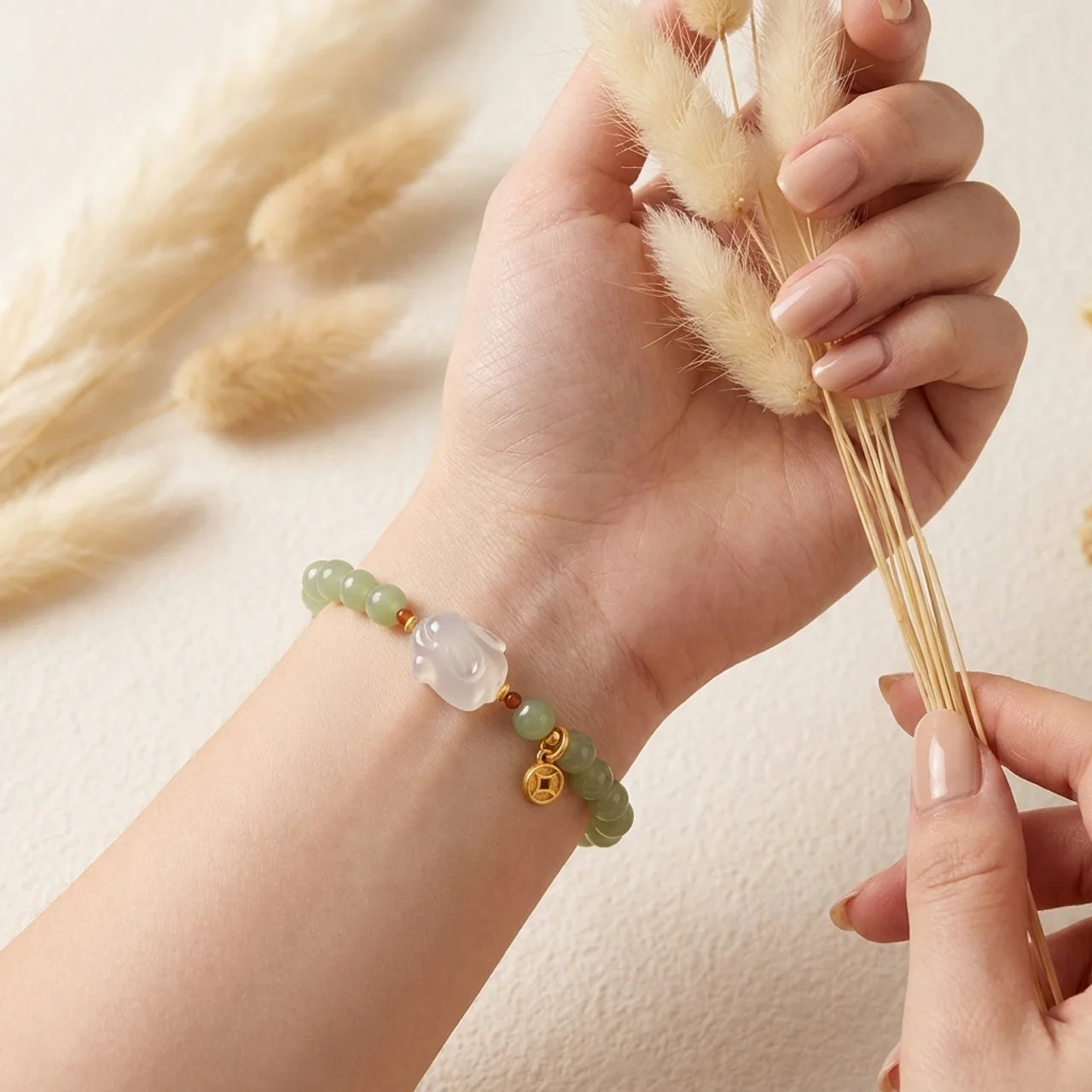 Natural Hetian Jade Agate Rabbit Coin Bracelet