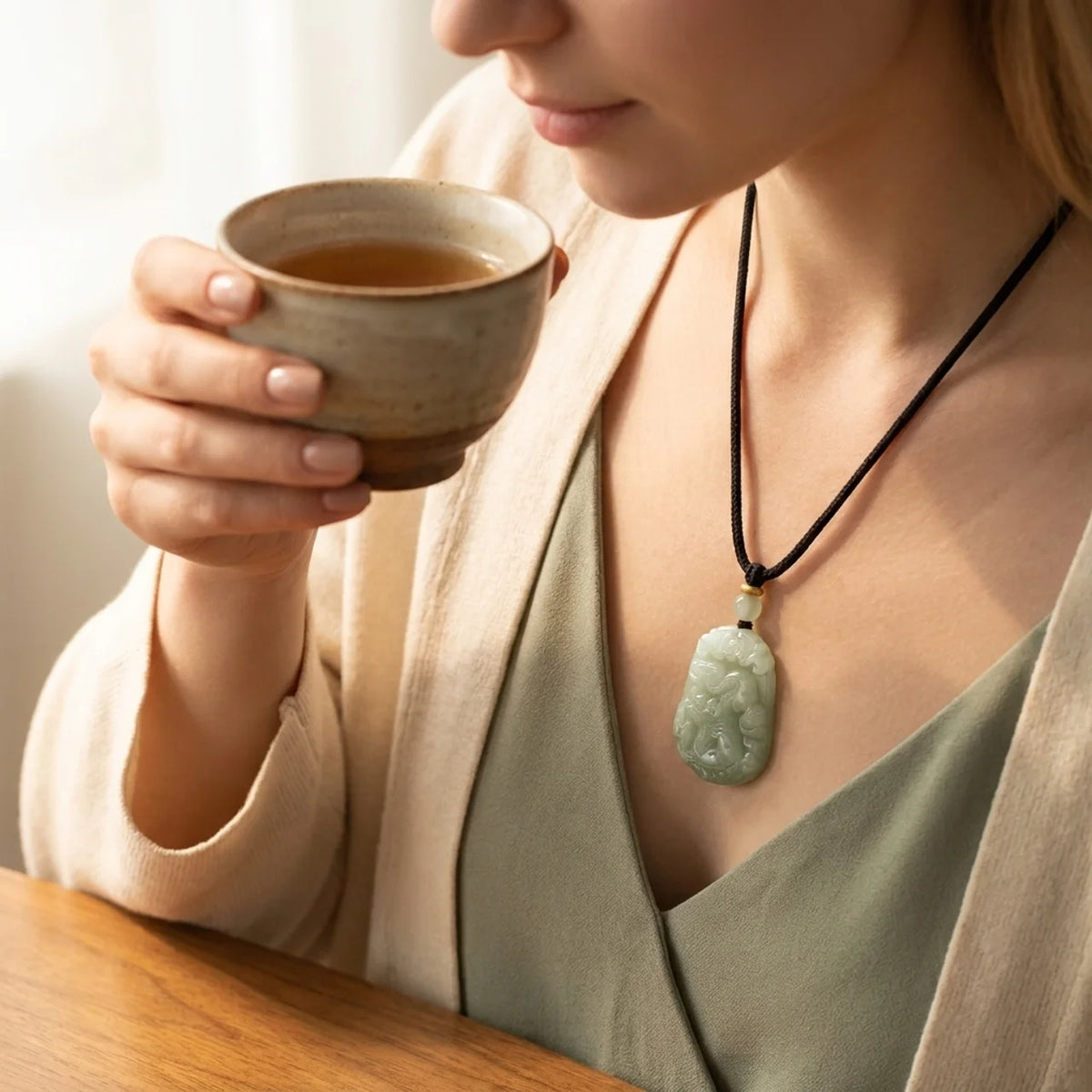 Natural Hetian Jade Carved Mascot Pendant Necklace