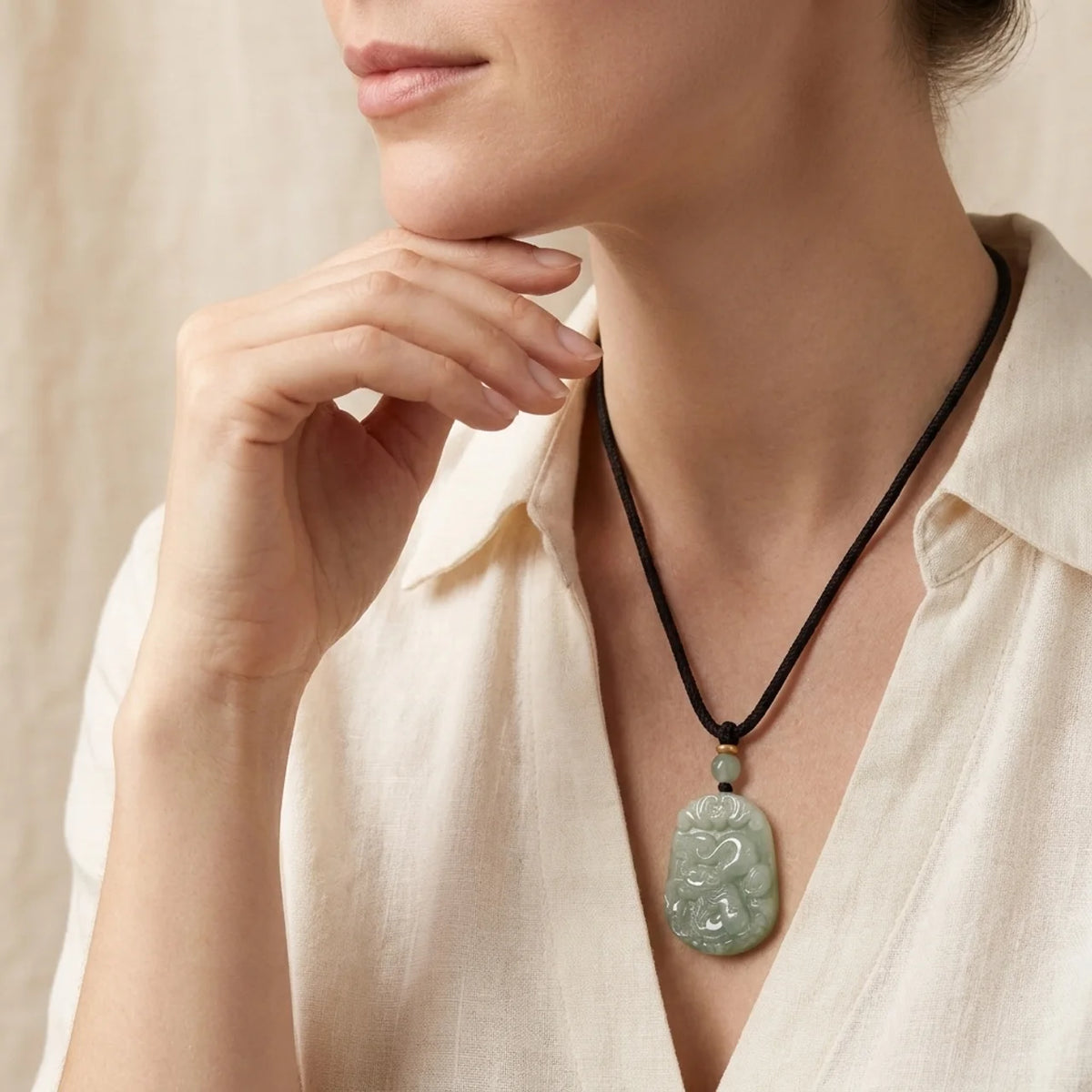 Natural Hetian Jade Carved Mascot Pendant Necklace
