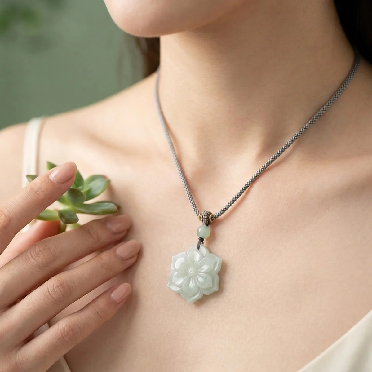 Natural Hetian Jade Lotus Pendant Necklace