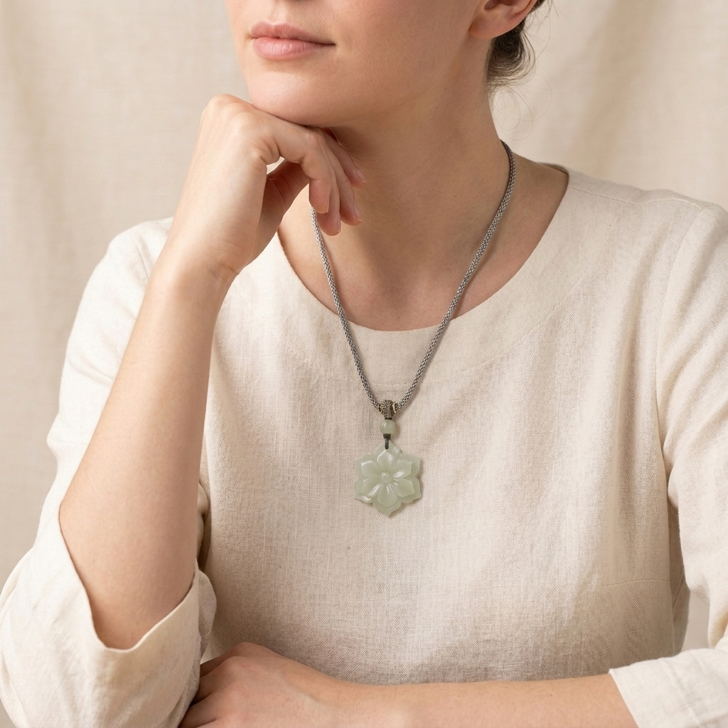 Natural Hetian Jade Lotus Pendant Necklace