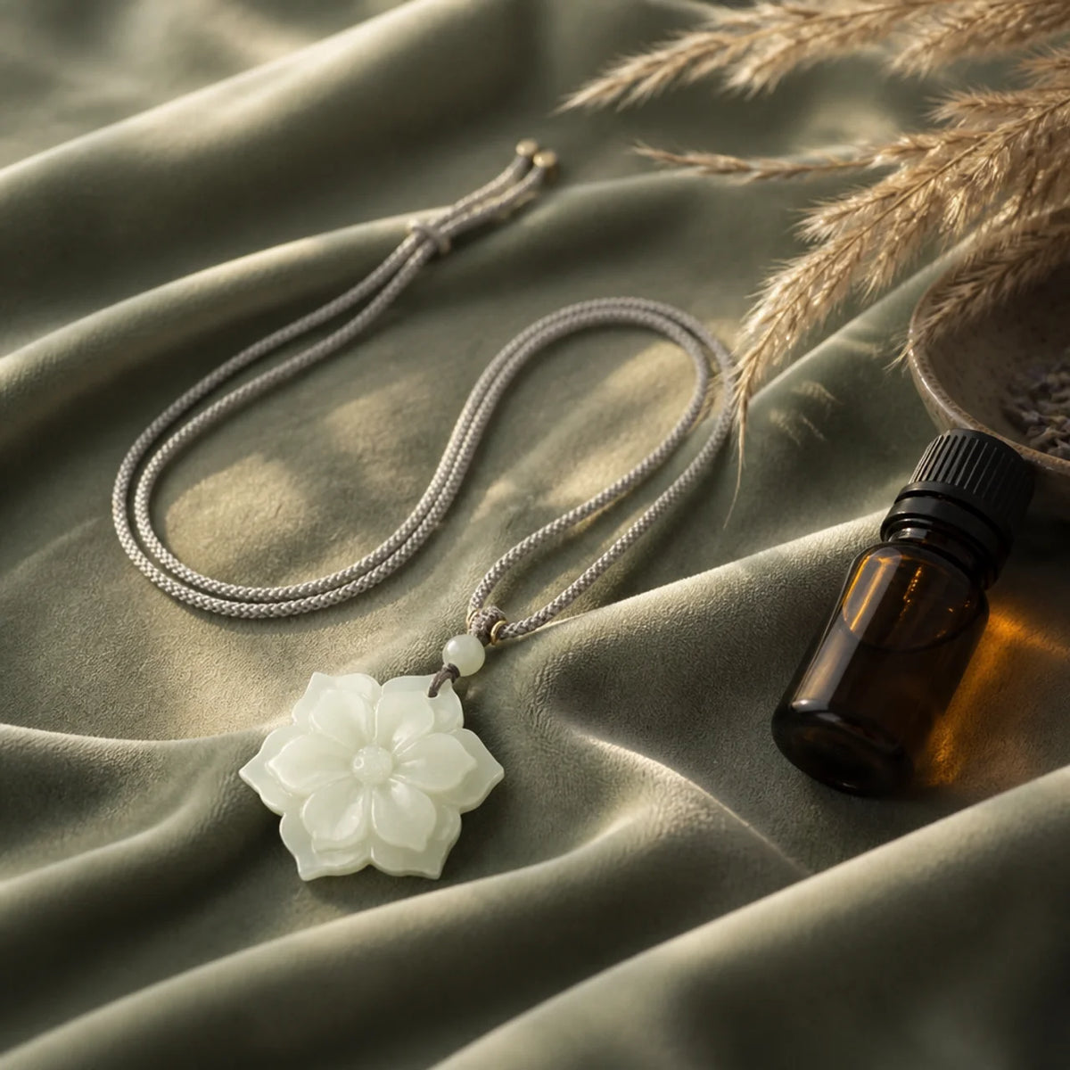 Natural Hetian Jade Lotus Pendant Necklace