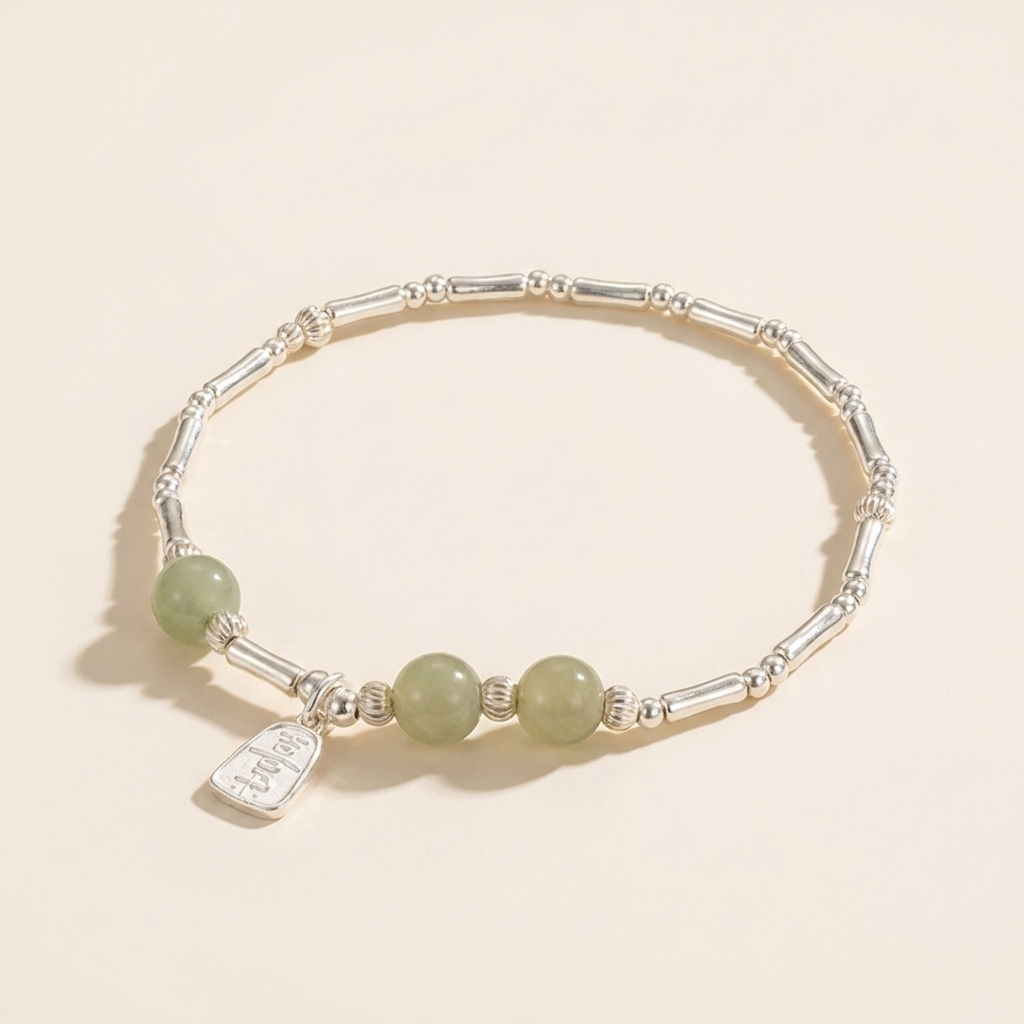 Natural Hetian Jade Silver Bamboo Bracelet