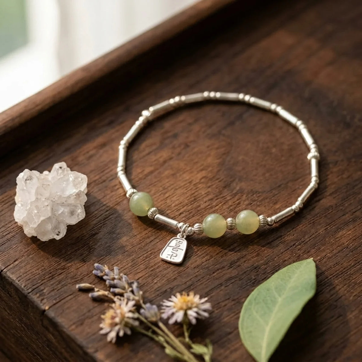 Natural Hetian Jade Silver Bamboo Bracelet