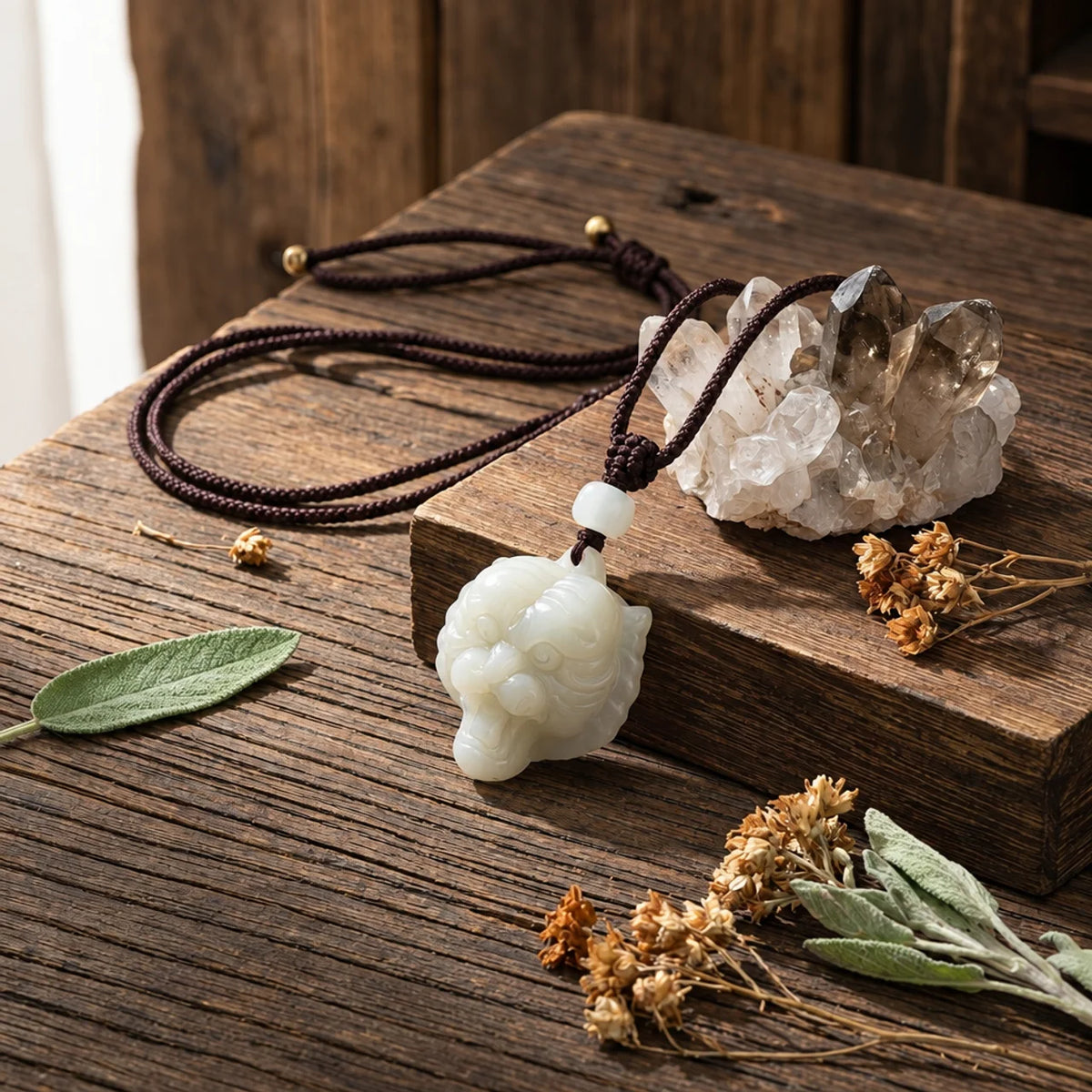 Natural Hetian Jade Tiger Head Pendant Necklace