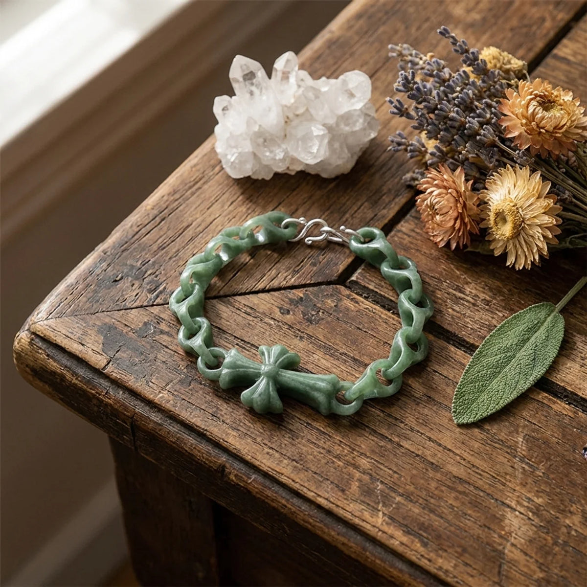 Natürliches Jade Kreuz Armband 