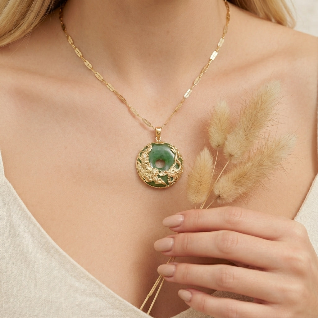 Natural Jade Dragon Phoenix Necklace