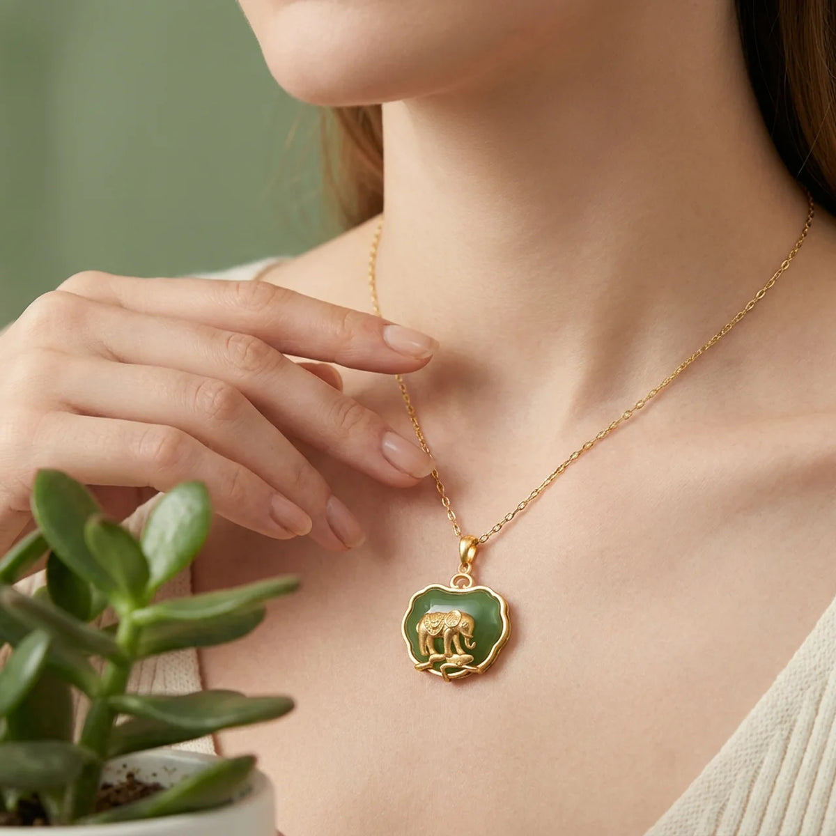 Natural Jade Elephant Lucky Pendant Necklace