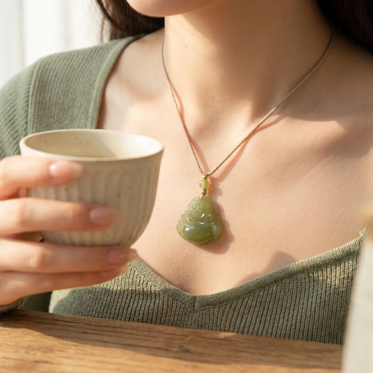 Natural Jade Laughing Buddha Pendant Necklace