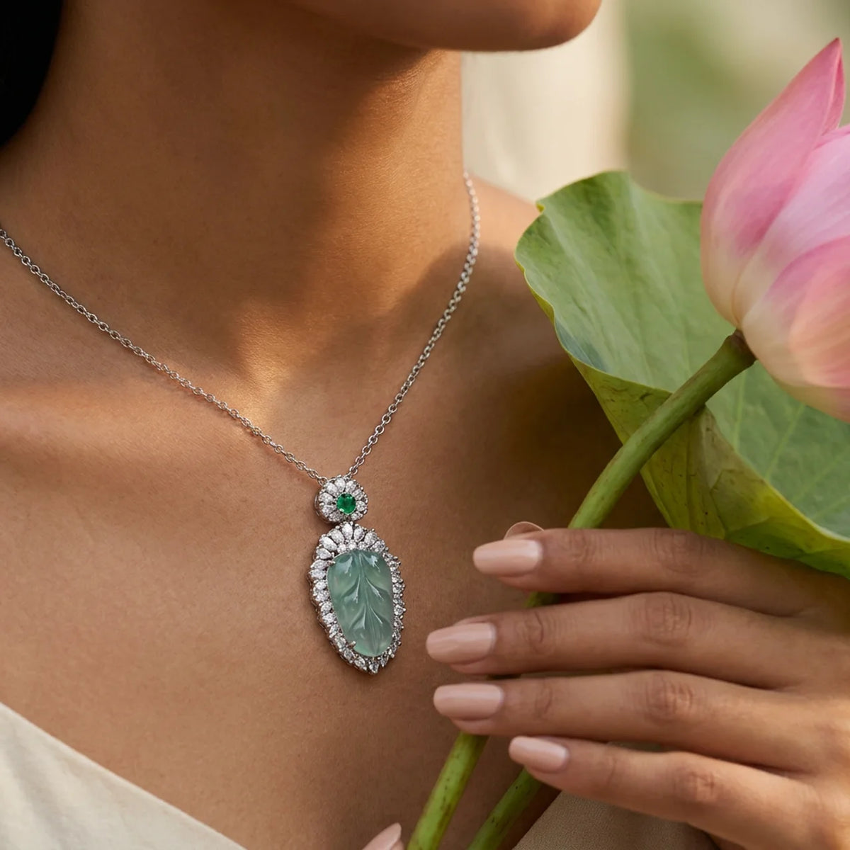 Natural Jade Leaf Pendant Necklace