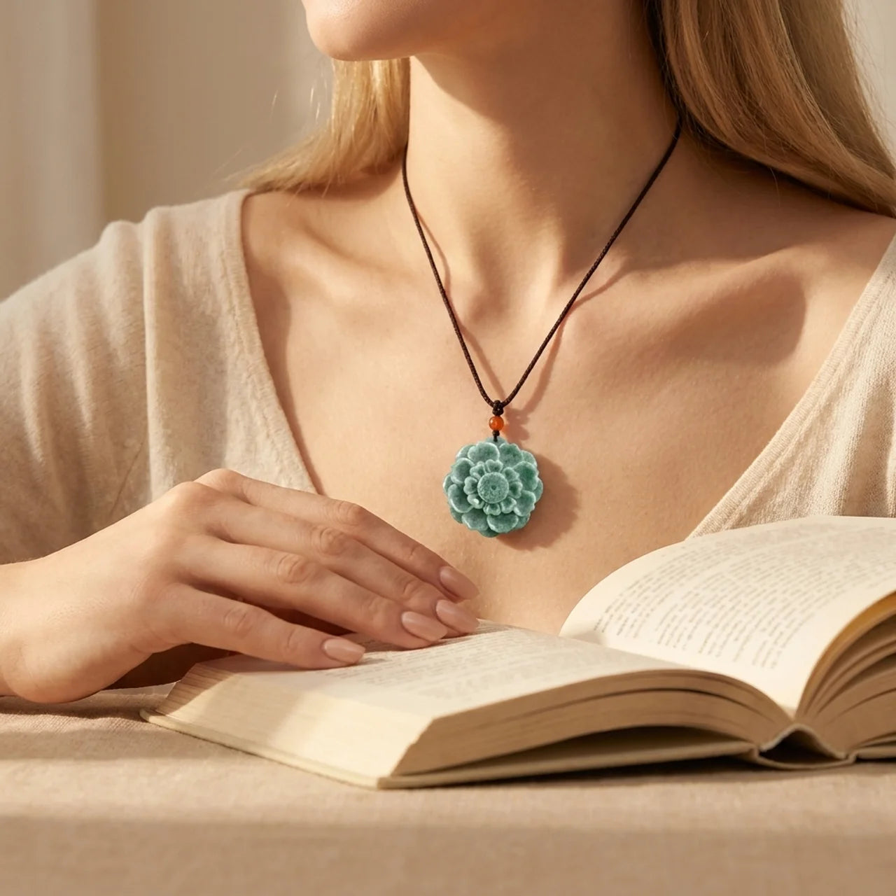 Natural Jade Lotus Pendant Necklace