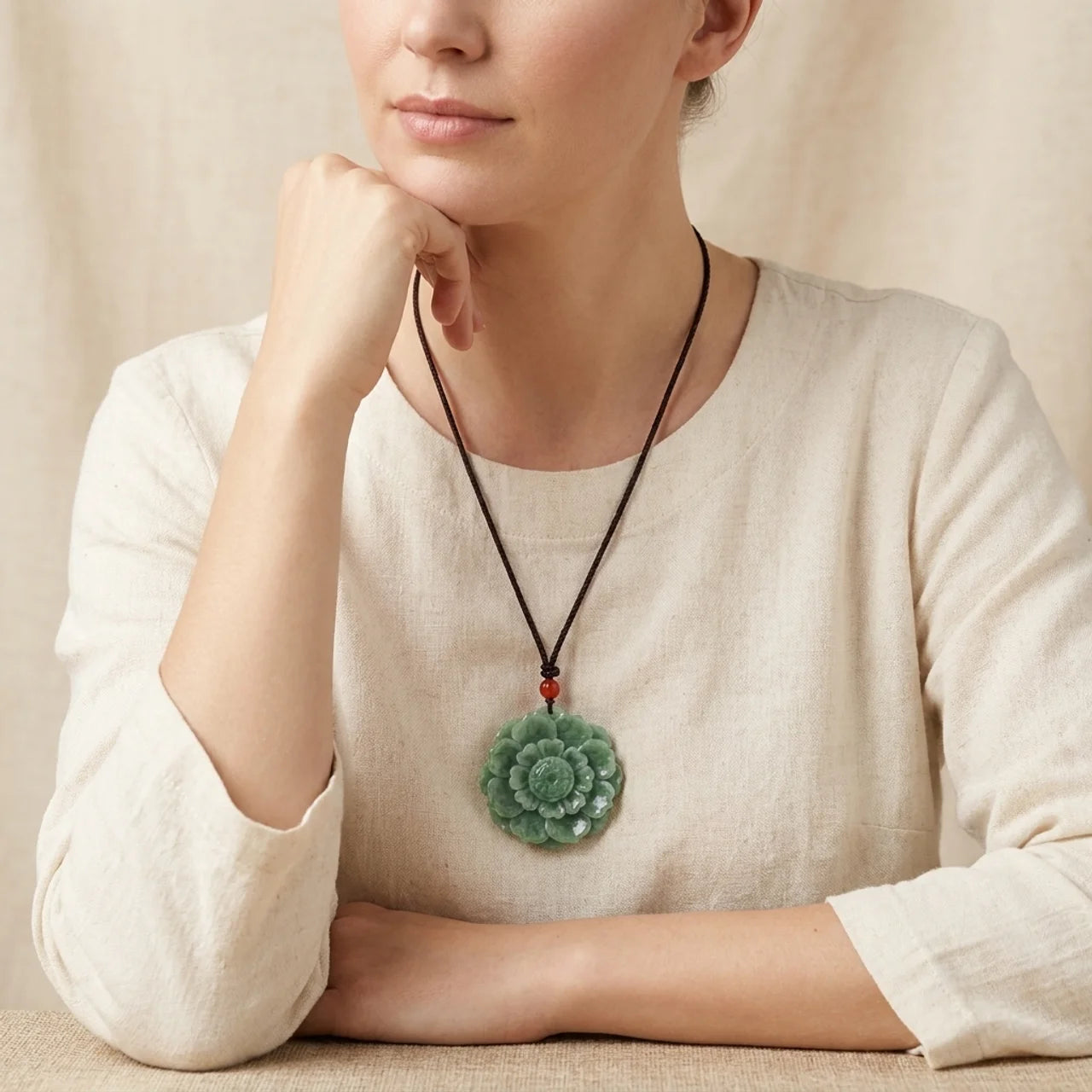 Natural Jade Lotus Pendant Necklace