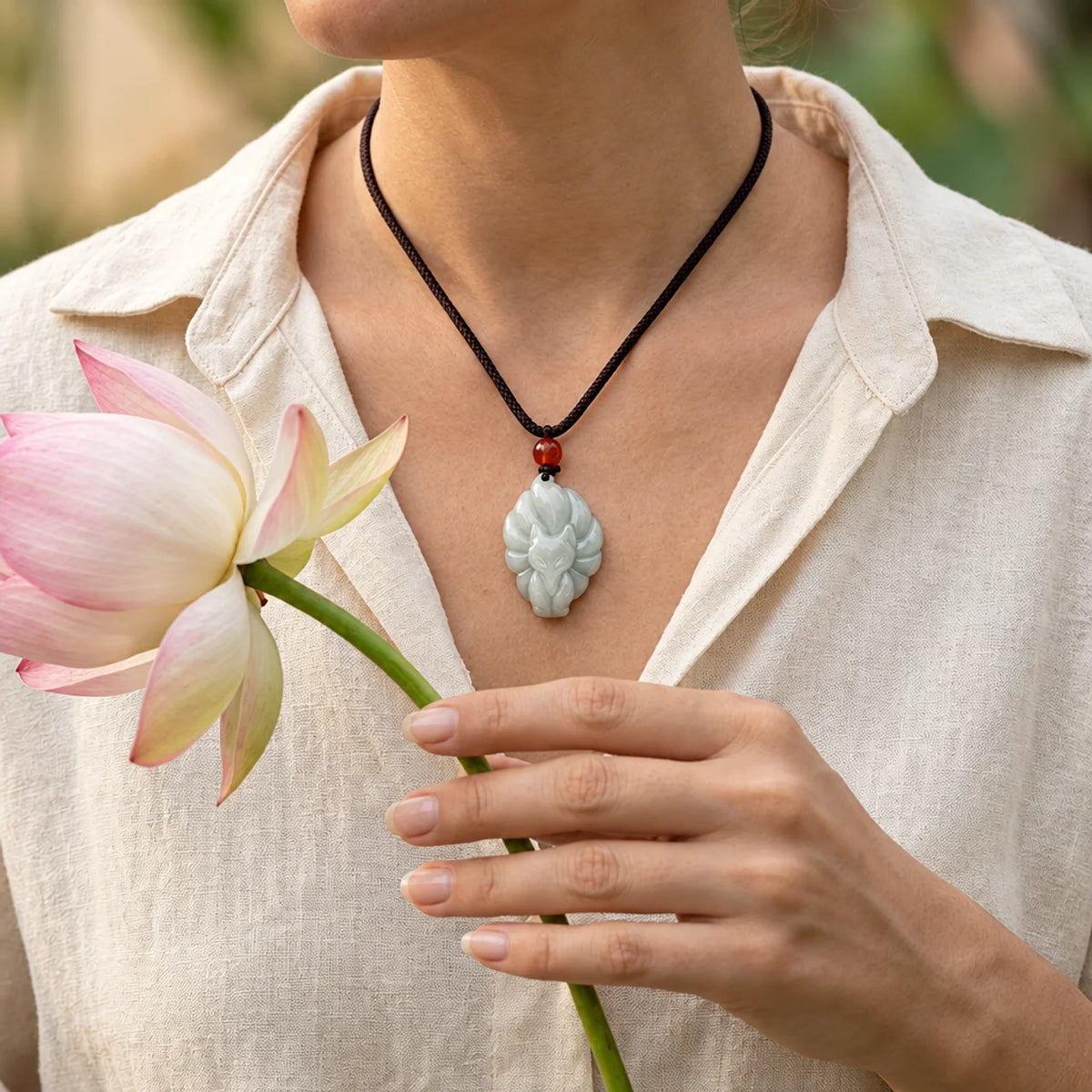 Natural Jade Nine-Tailed Fox Pendant Necklace