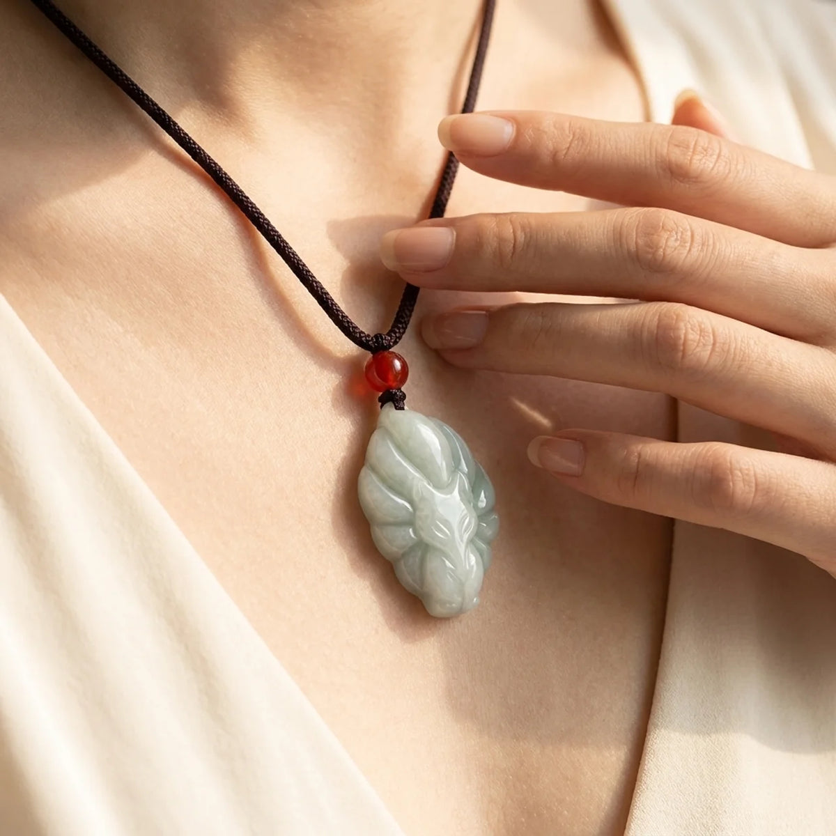 Natural Jade Nine-Tailed Fox Pendant Necklace
