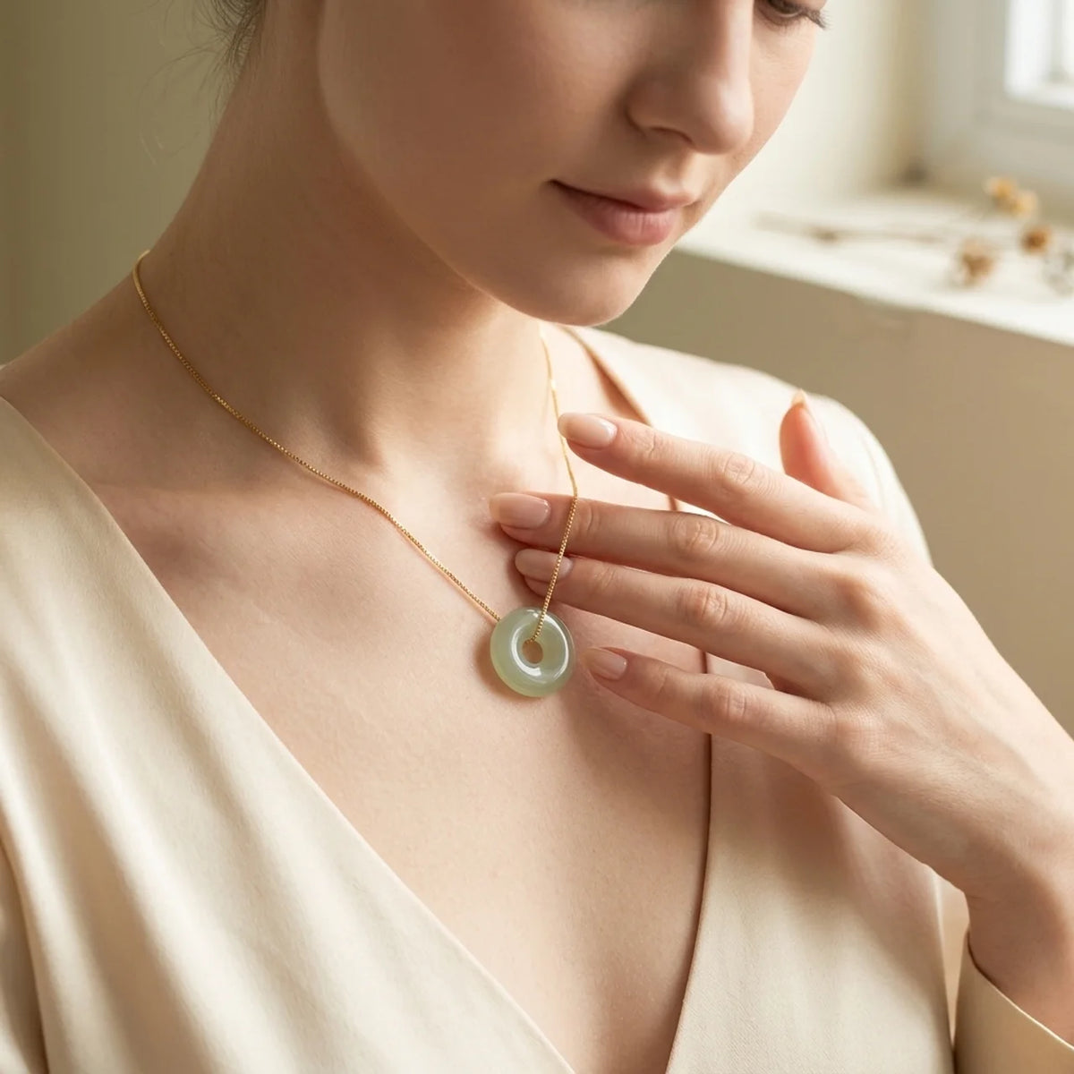 Natural Jade Ping An Kou Pendant Necklace