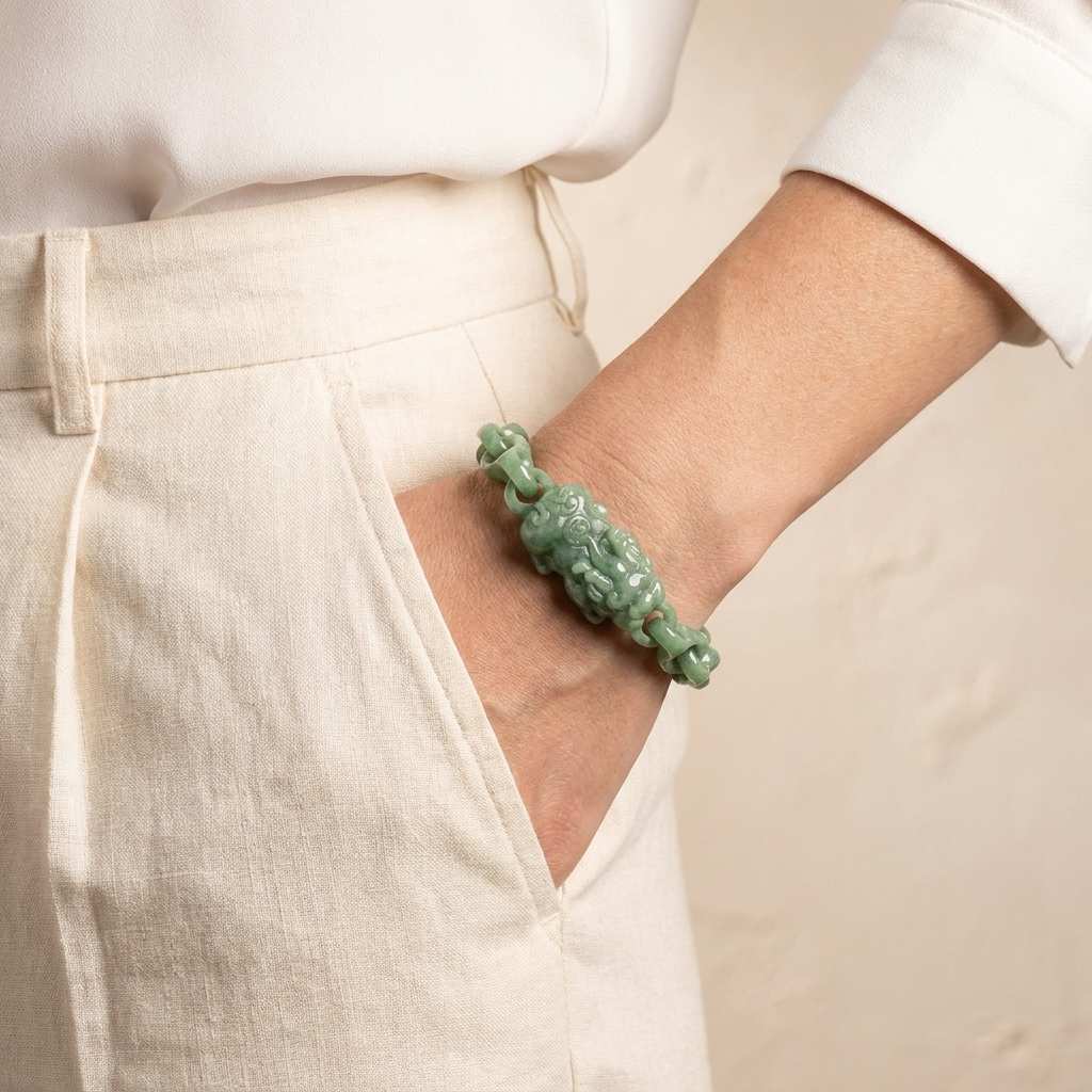 Pixiu-Armband aus natürlicher Jade mit ineinandergreifenden Gliedern