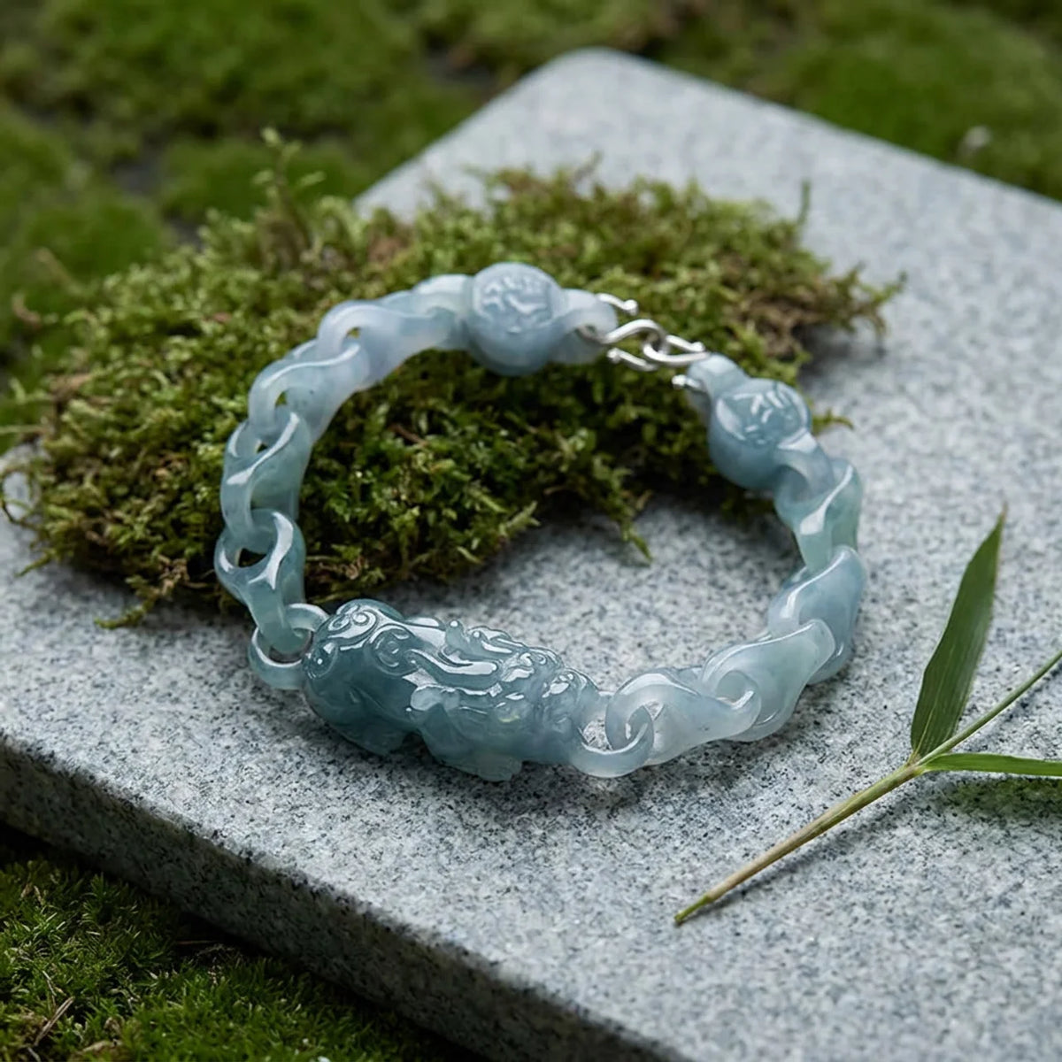 Natural Jade Pixiu Interlocking Link Bracelet