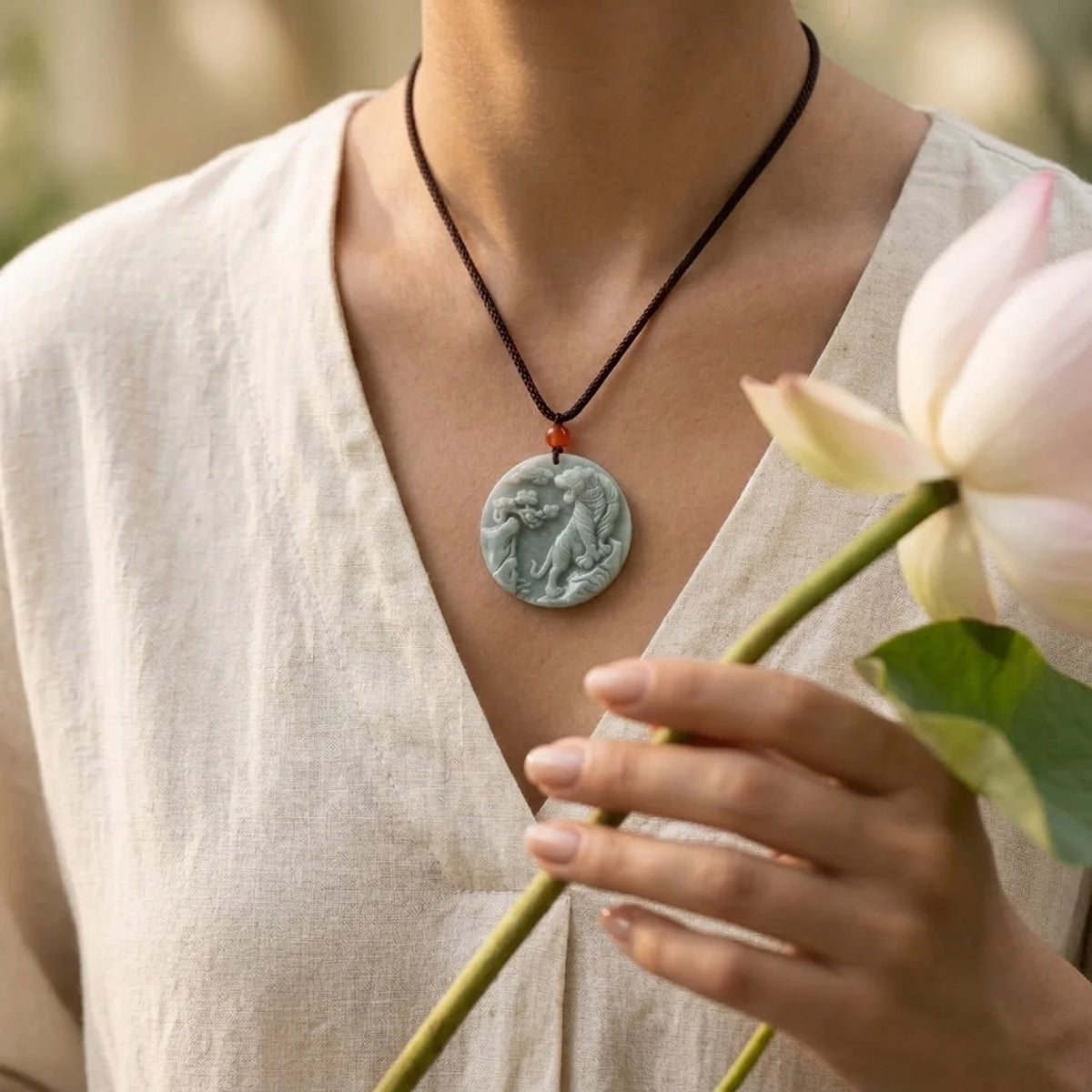 Natural Jade Tiger Pendant Necklace