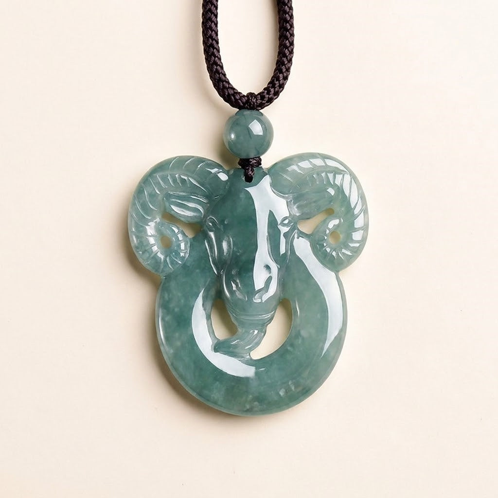 Natural Jade Zodiac Ram Pendant Necklace