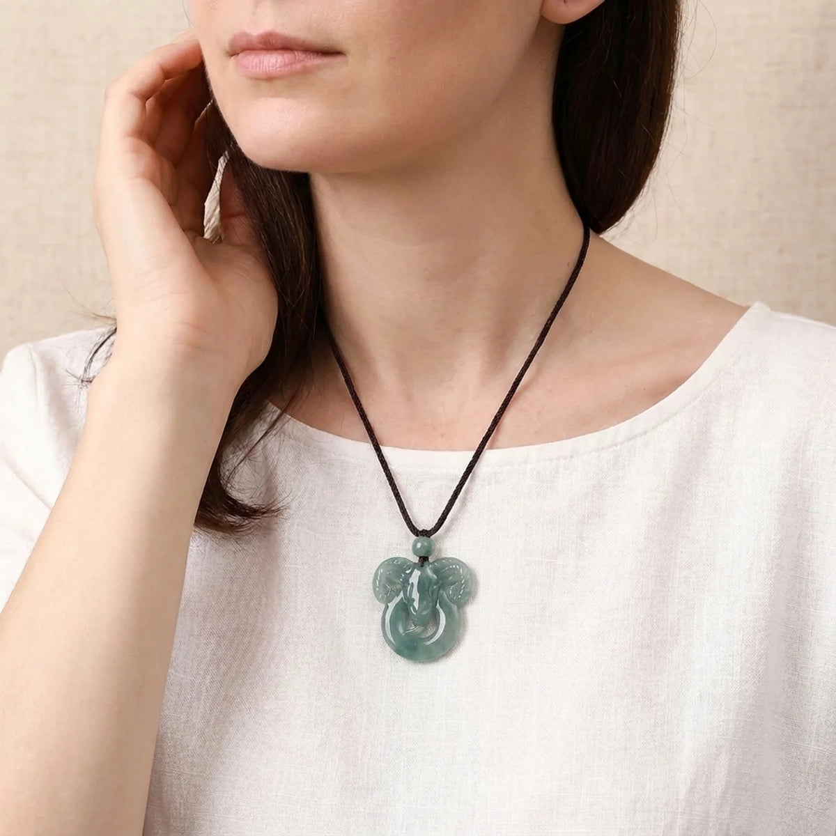 Natural Jade Zodiac Ram Pendant Necklace