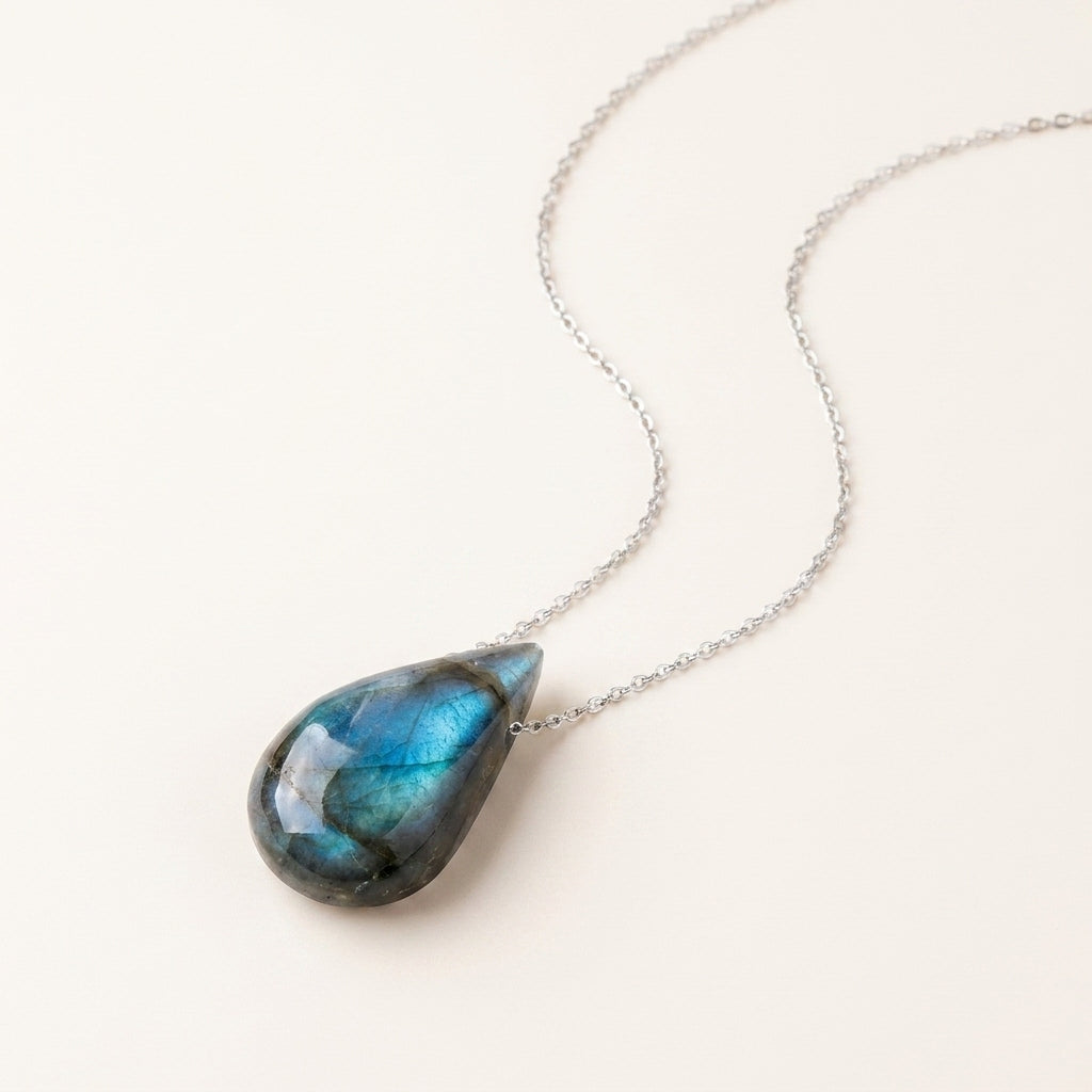 Natural Labradorite Teardrop Pendant Necklace