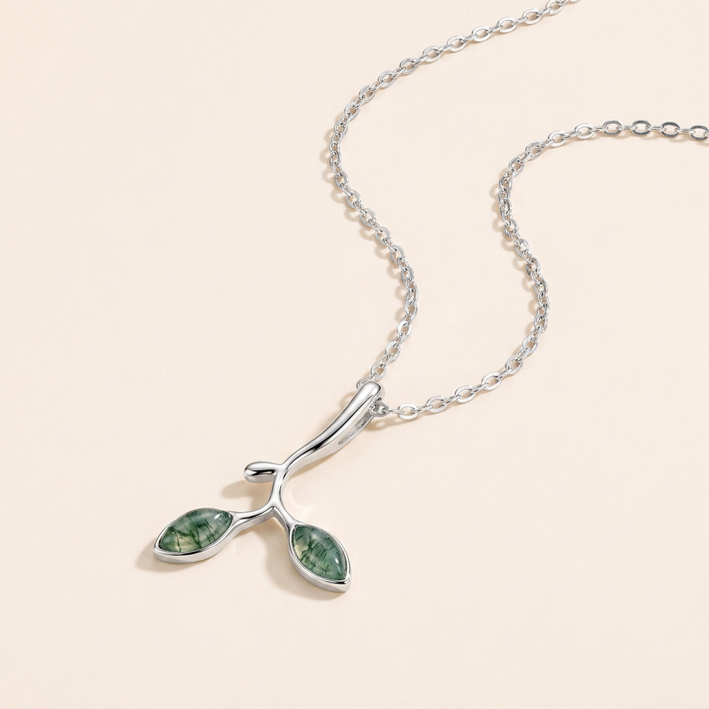 Natural Moss Agate Leaf Pendant Necklace